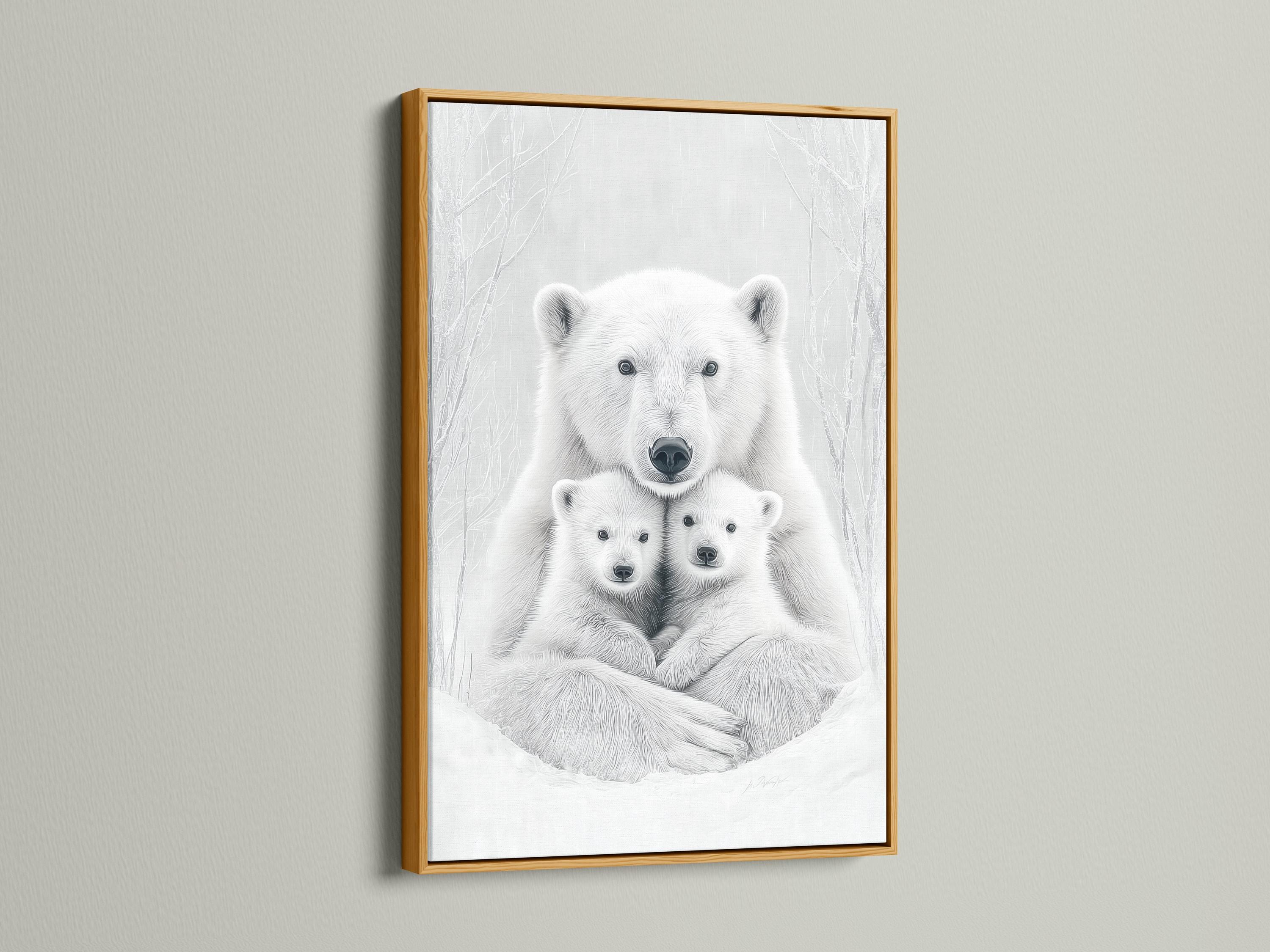 Monochrome polar bear mother and two cubs with faint winter tree-branch outlines detail view