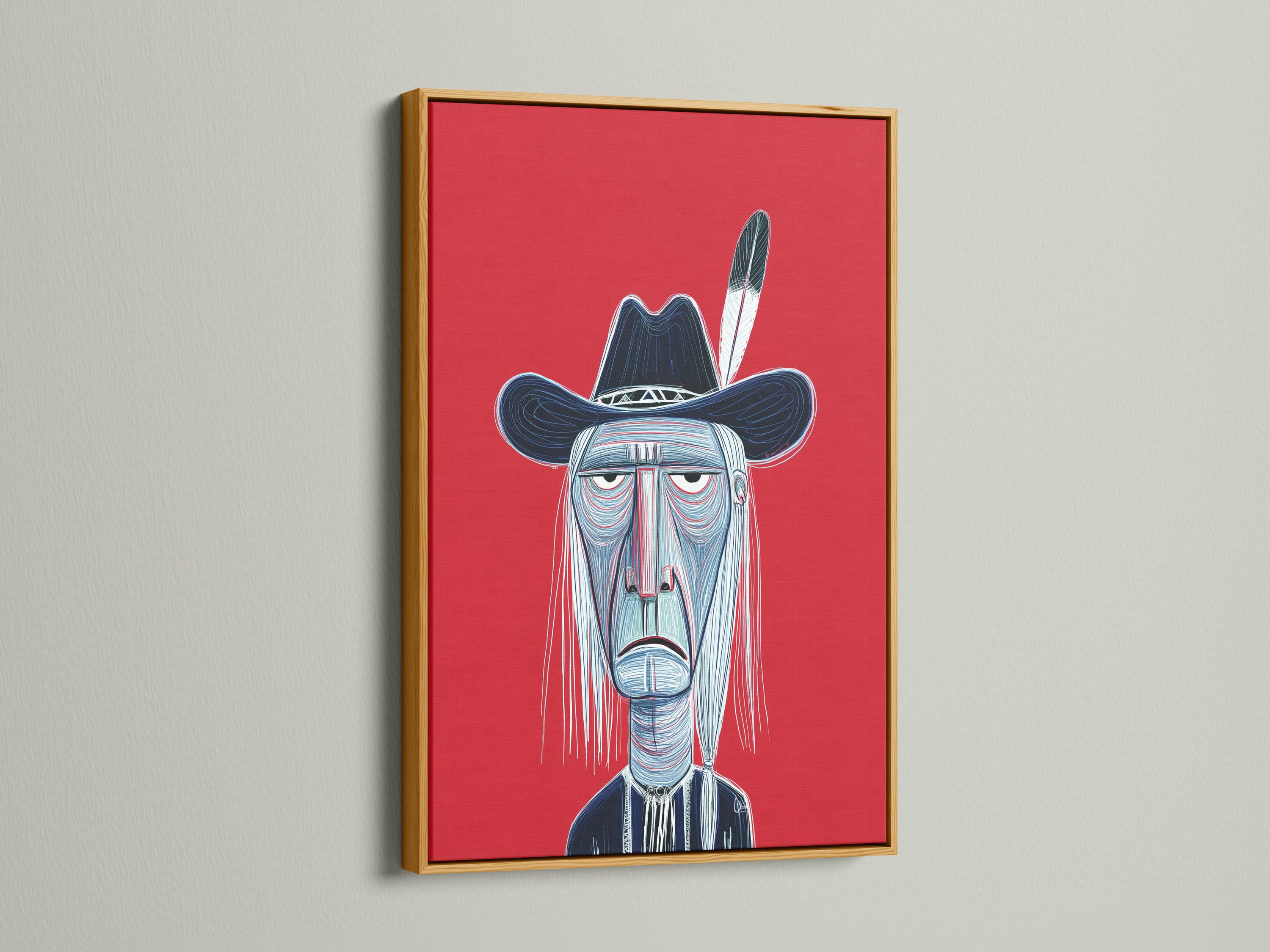 Stylised cowboy portrait with a wide-brim hat on a red background detail view