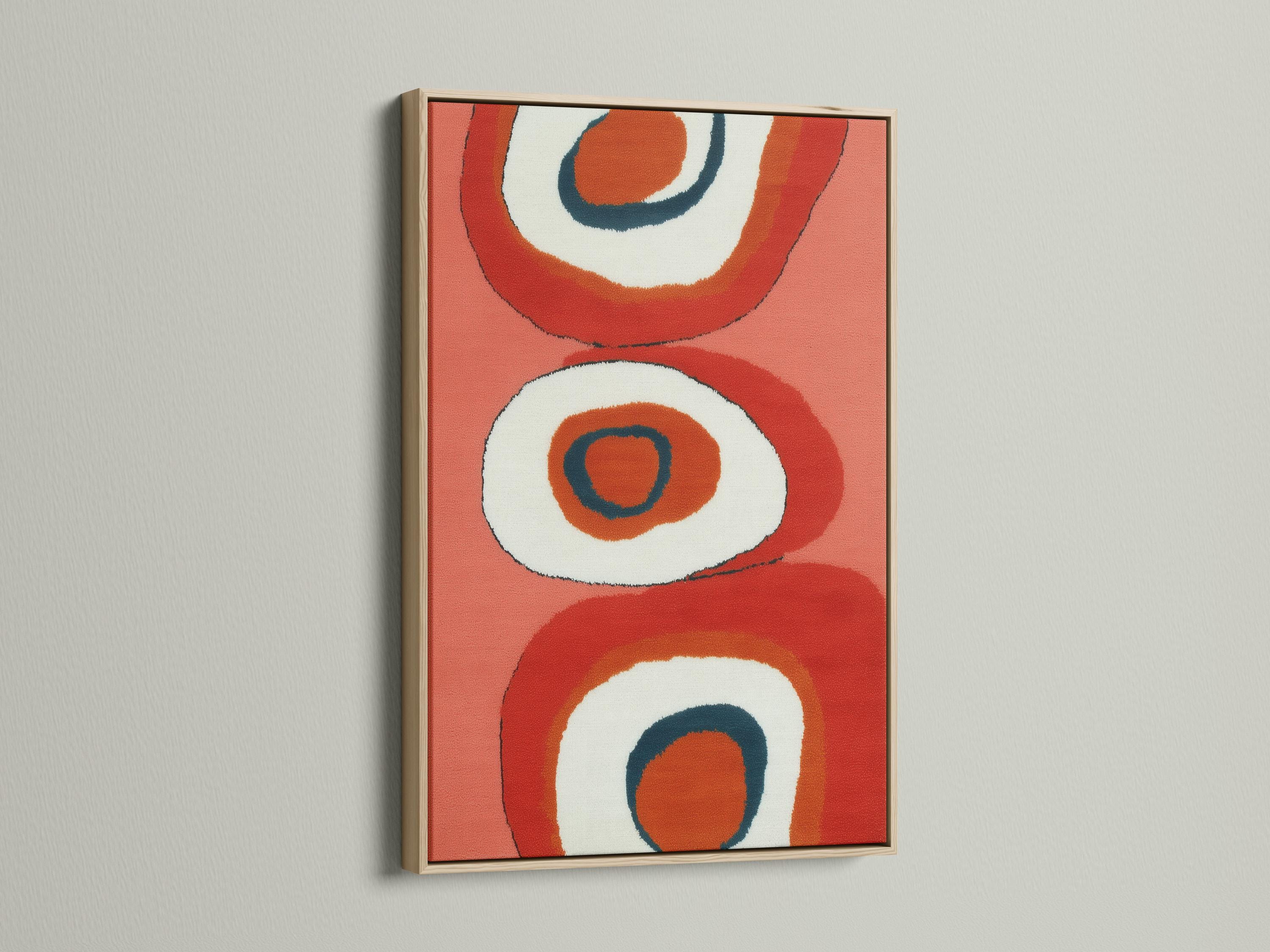 Coral and navy abstract artwork with retro ring shapes and off-white circular centres detail view