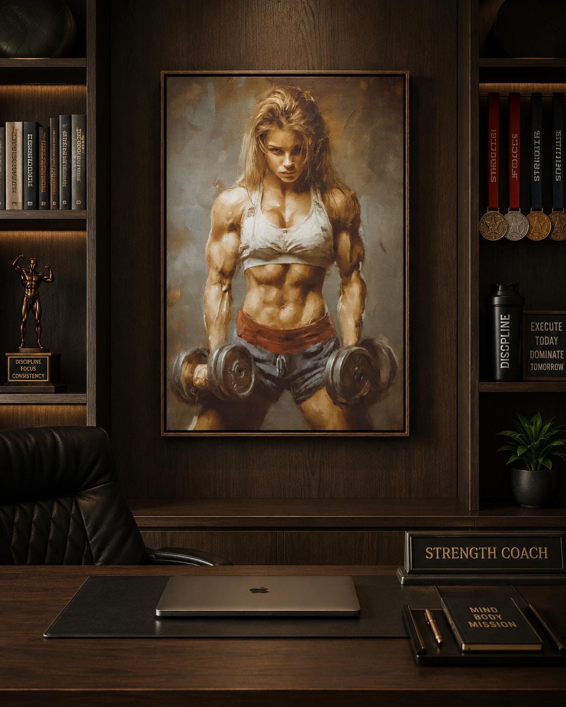 Gym or wellness room mockup showing a wall artwork of a muscular woman lifting dumbbells