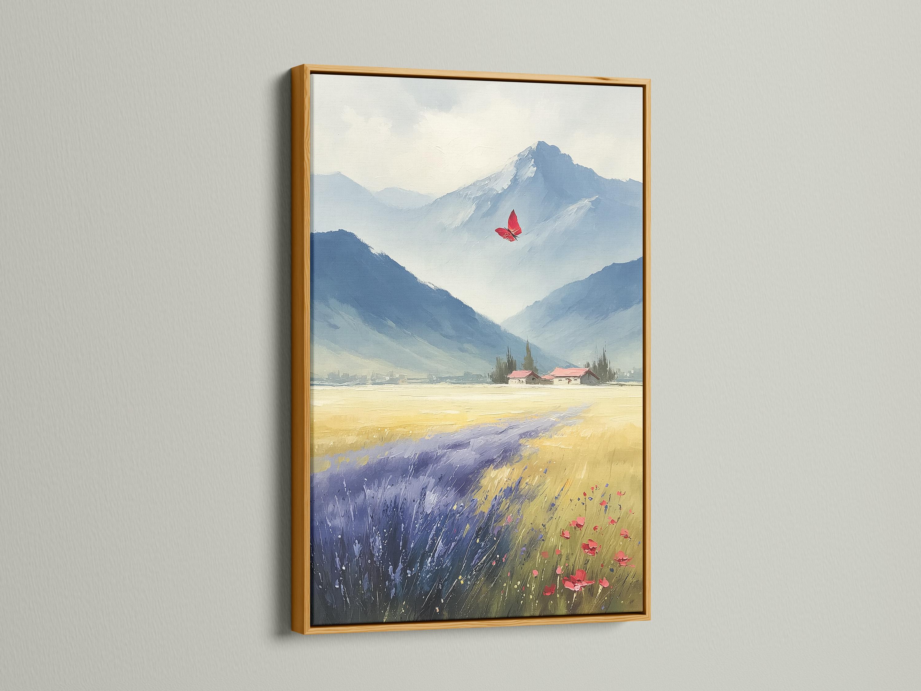 Room mockup showing a framed blue mountain landscape artwork with a red butterfly