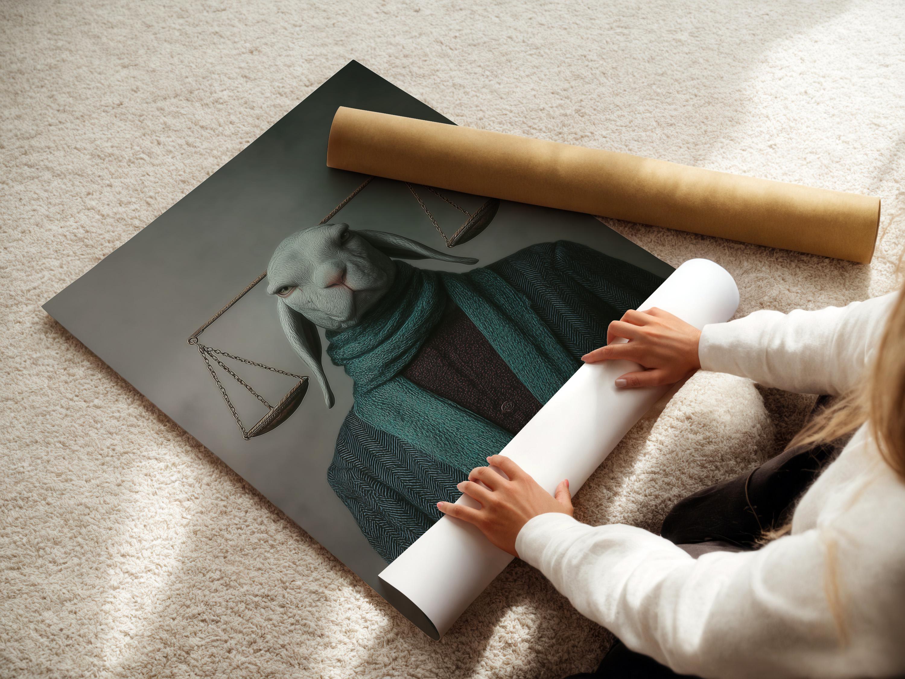 Room mockup showing a framed hare portrait artwork with hanging scales
