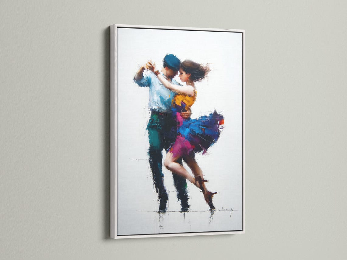 Framed wall artwork featuring a painterly tango couple in blue and gold