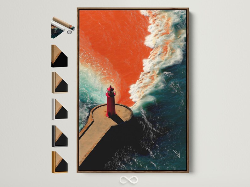Red lighthouse on a curved pier with teal ocean waves and white foam