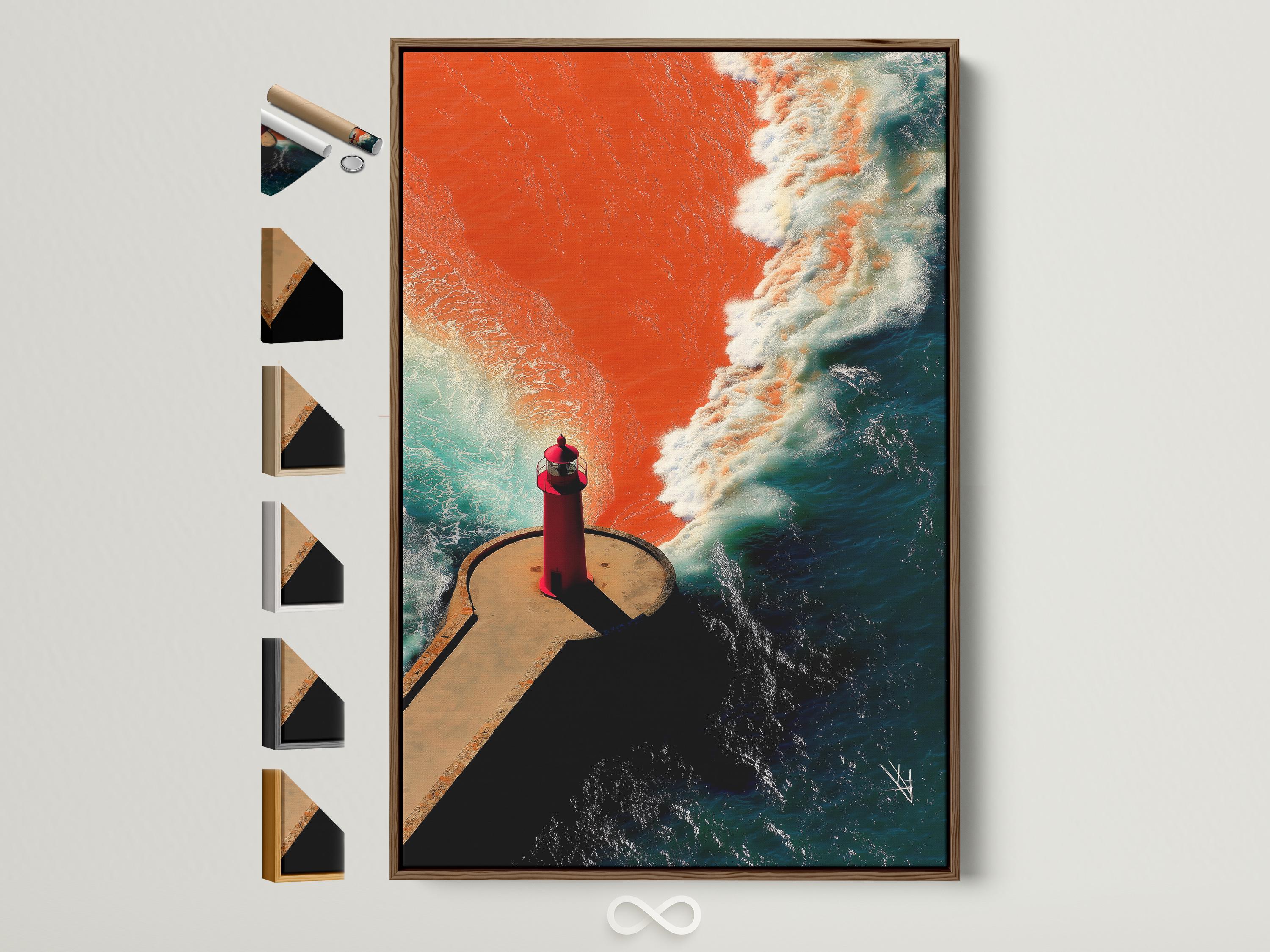Red lighthouse on a curved pier with teal ocean waves and white foam