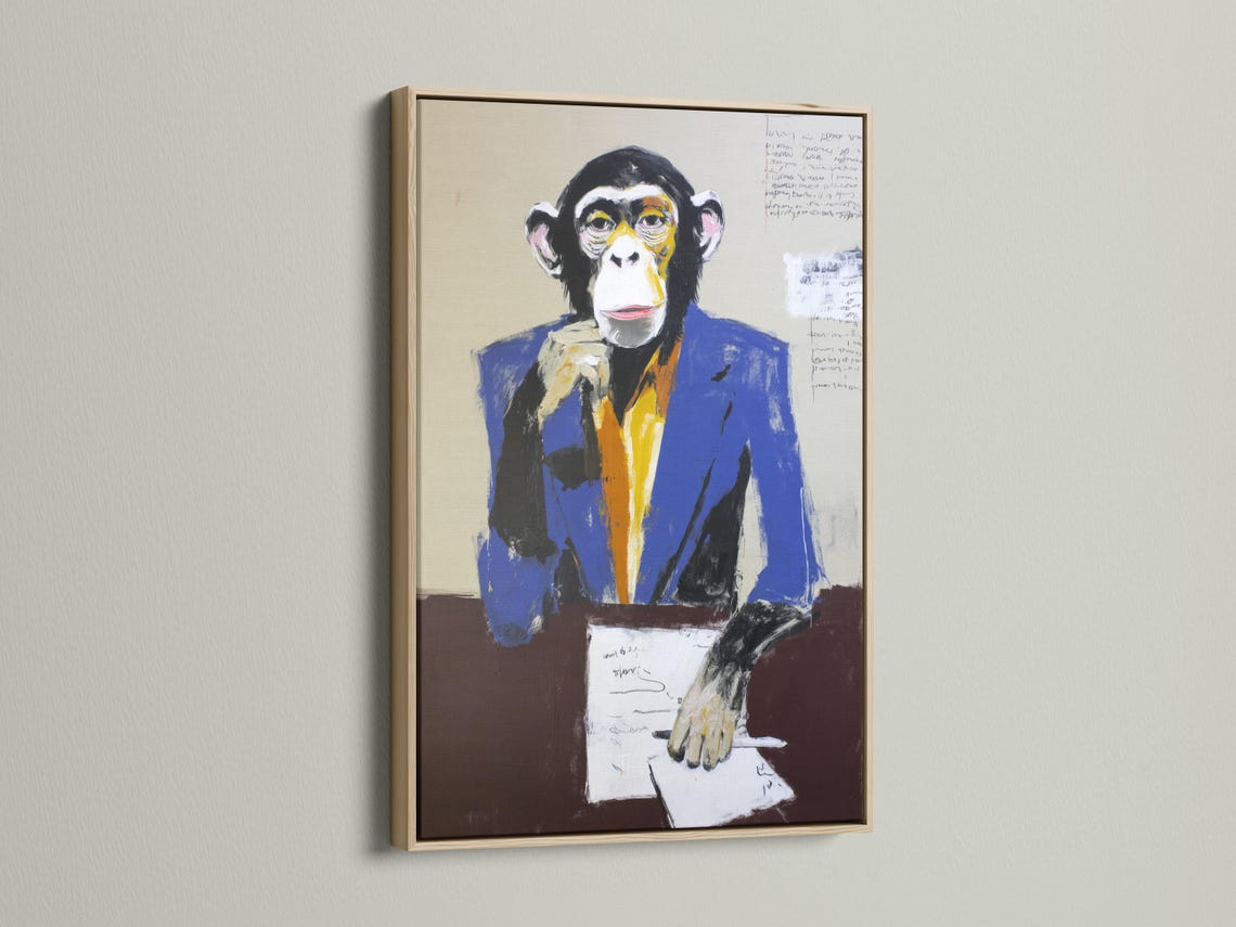 Stylised monkey portrait in a blue suit holding papers with faint scribbles detail view
