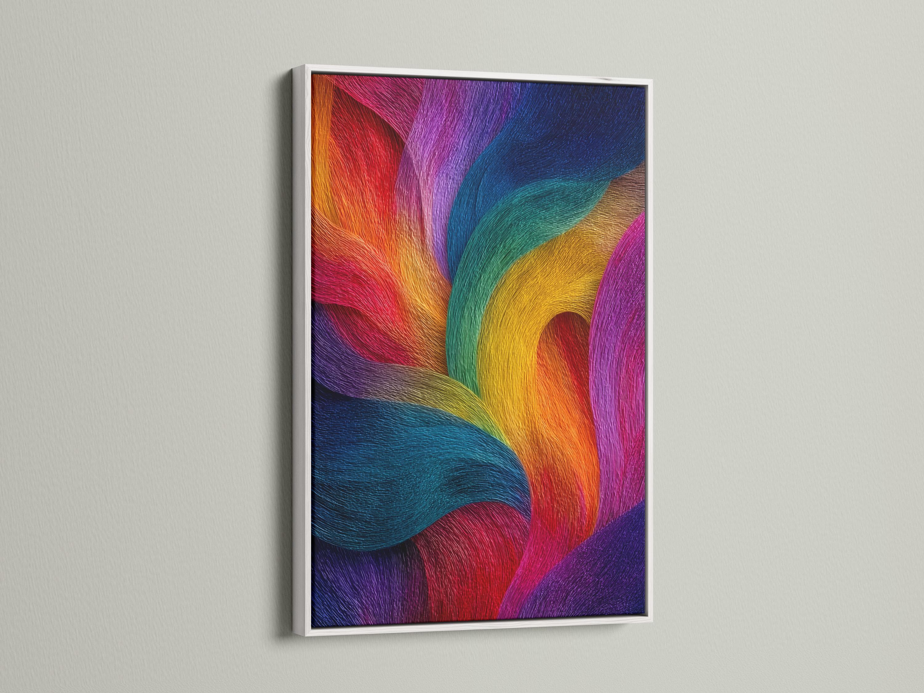 Rainbow abstract artwork with flowing curved bands in purple, blue, pink, teal, yellow and orange detail view