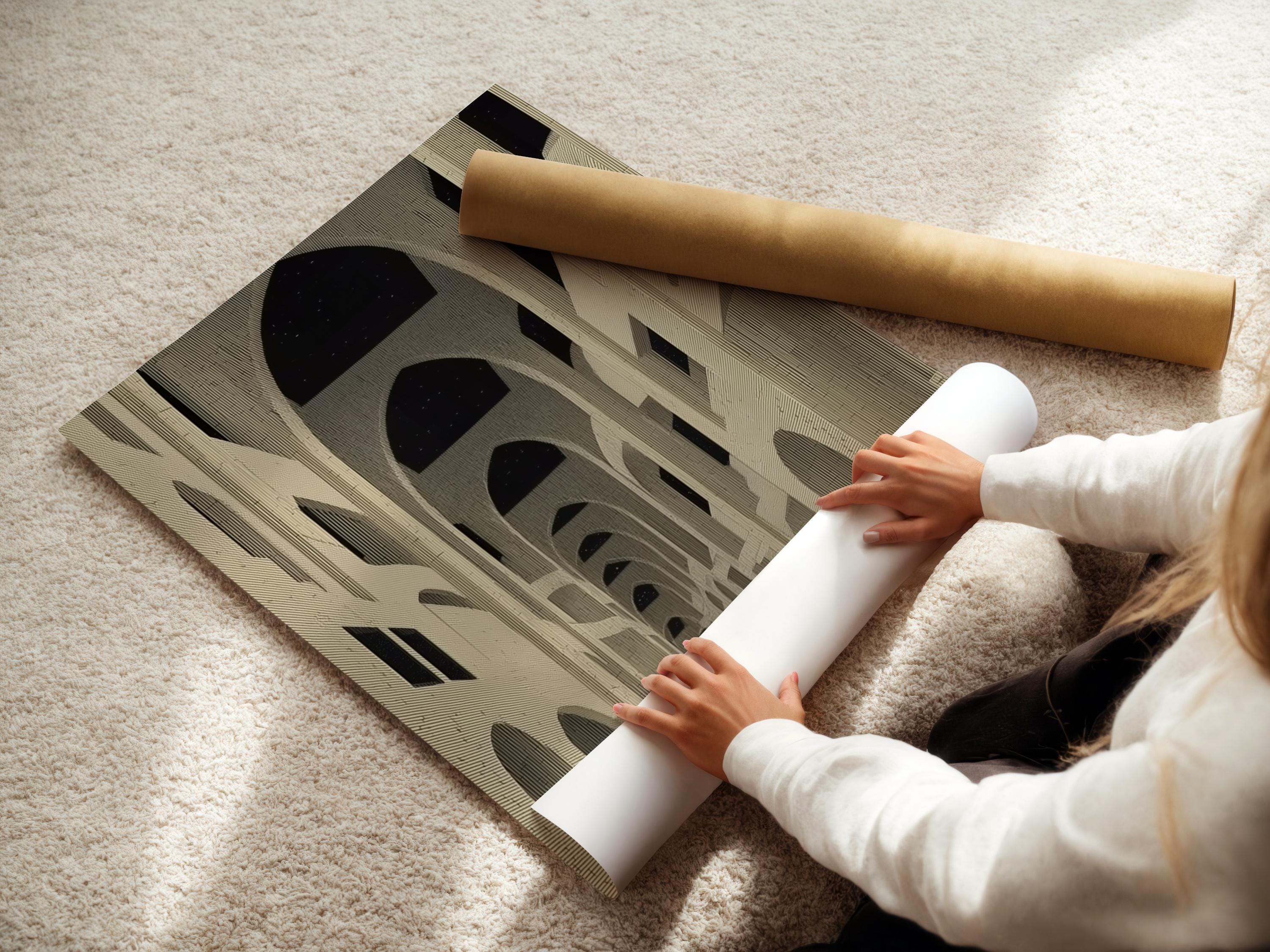 Room mockup showing a framed beige architecture artwork with arches and a dark car silhouette
