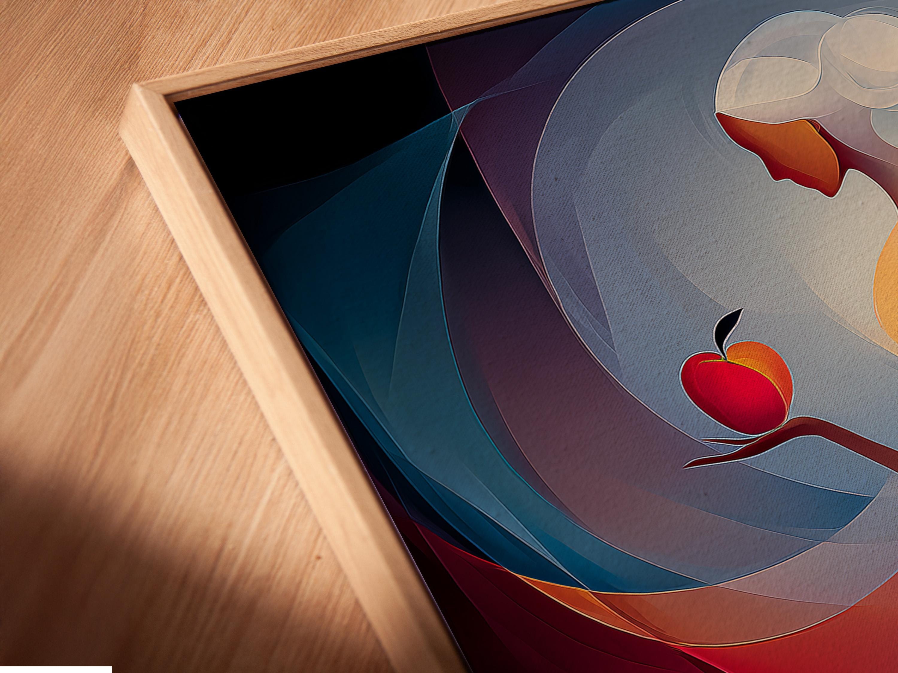 Abstract woman holding a red apple with layered blue, teal and purple curved shapes detail view