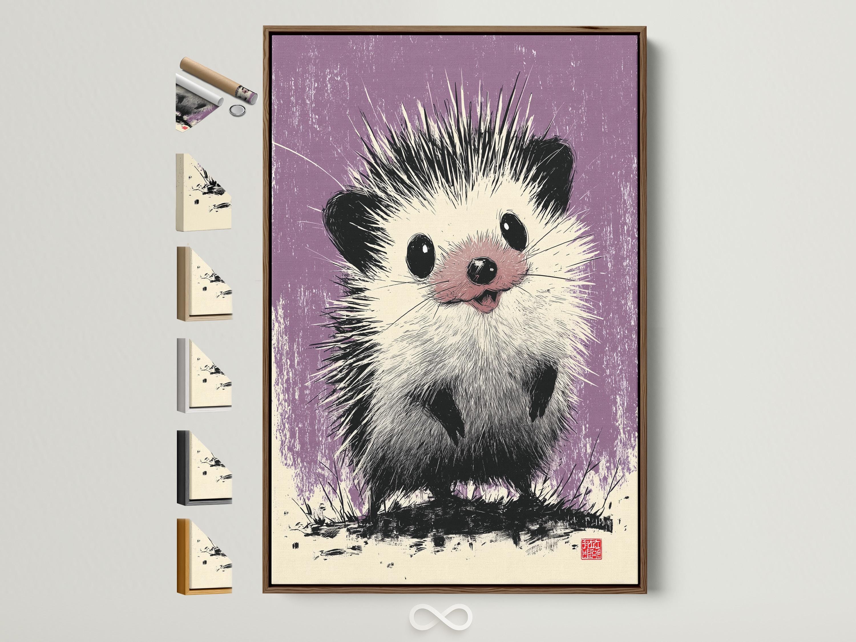 Hedgehog illustration in black and white on a textured lilac-purple background detail view
