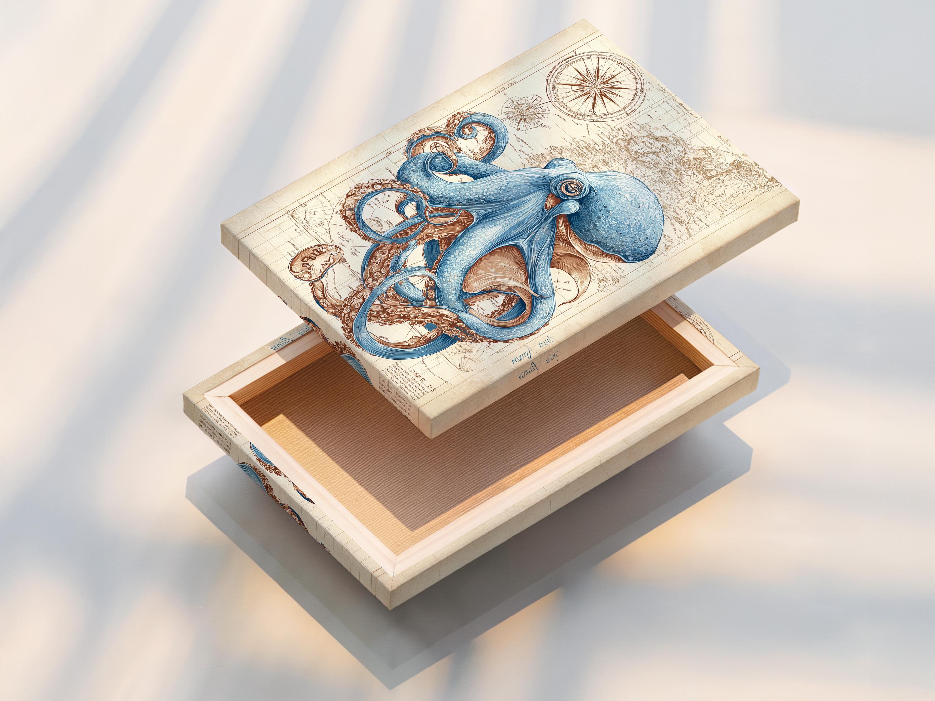 Blue octopus illustration over an antique beige nautical map with compass-like circles detail view