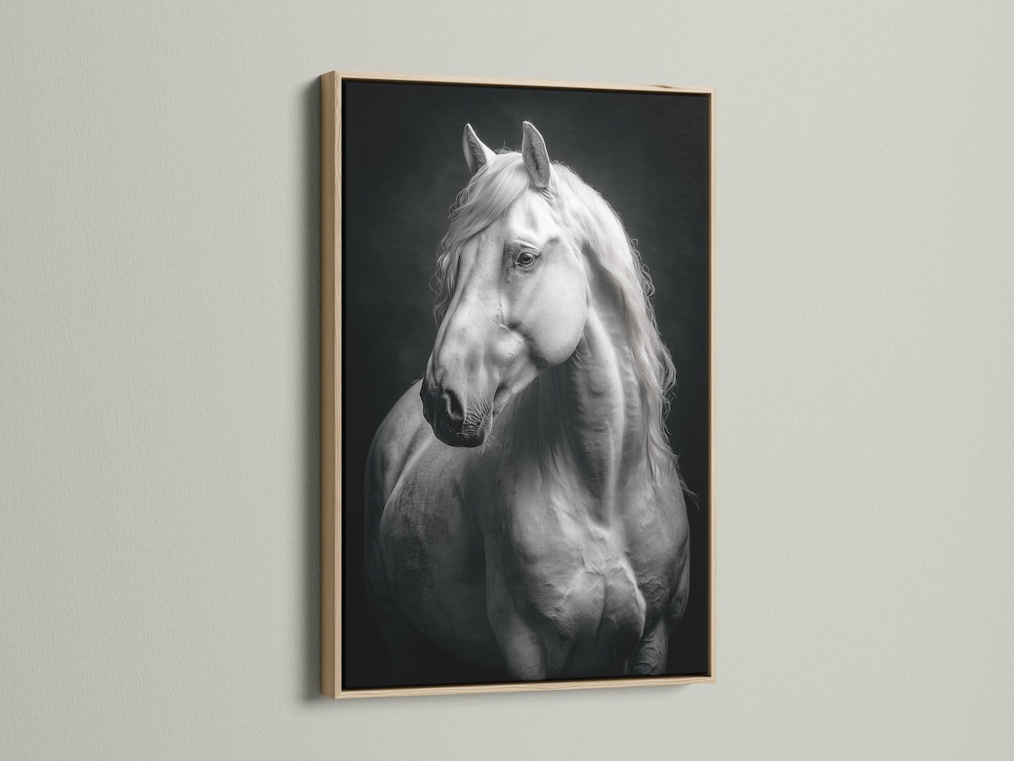 Room mockup showing a framed black and white horse portrait artwork