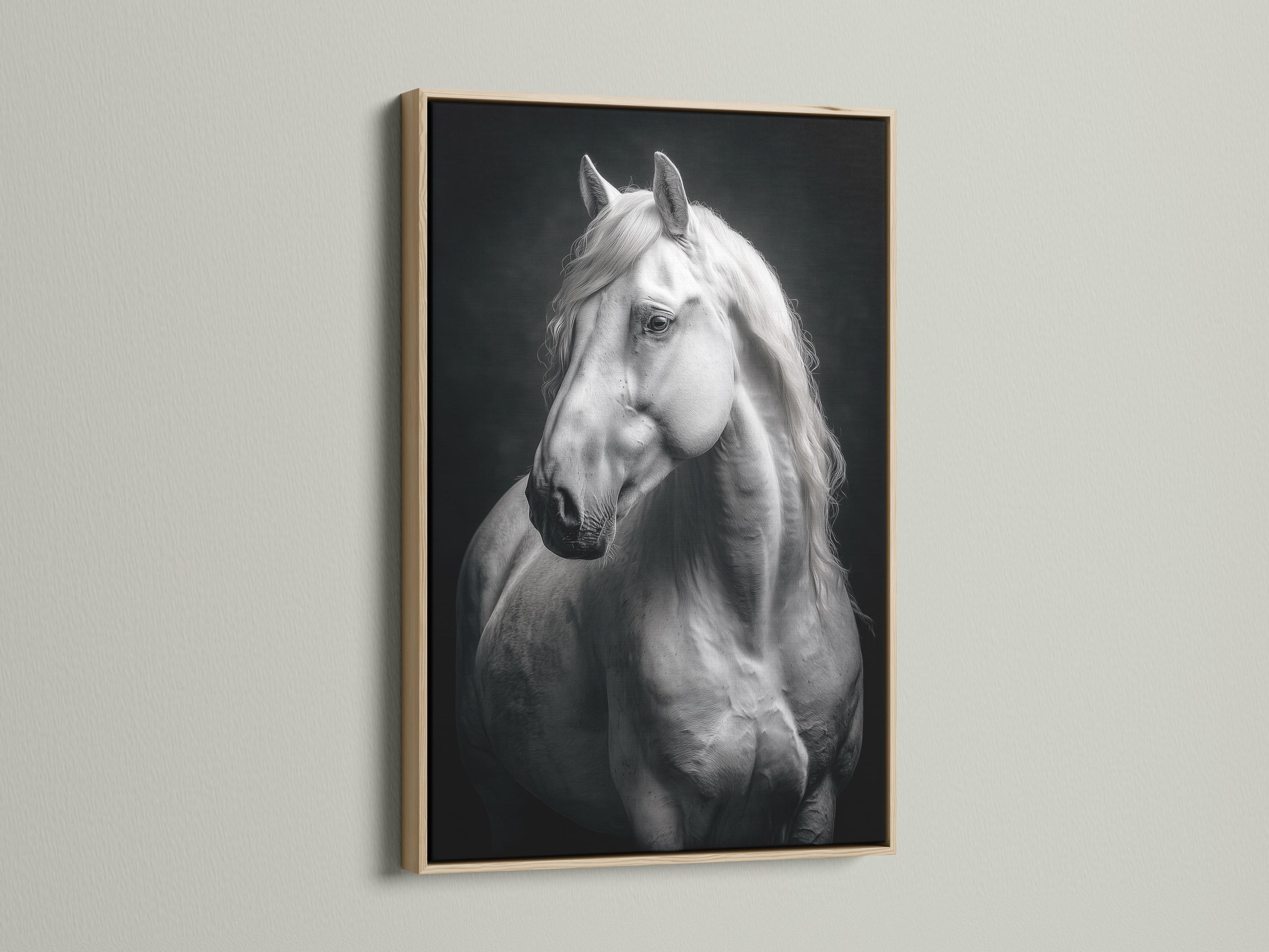 Room mockup showing a framed black and white horse portrait artwork