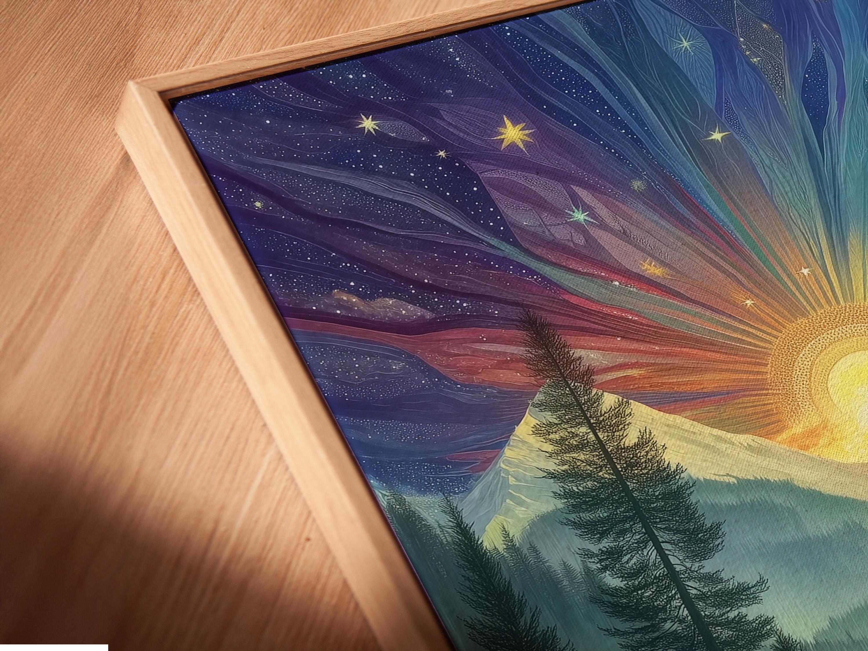 Framed mystical forest sunrise artwork mockup