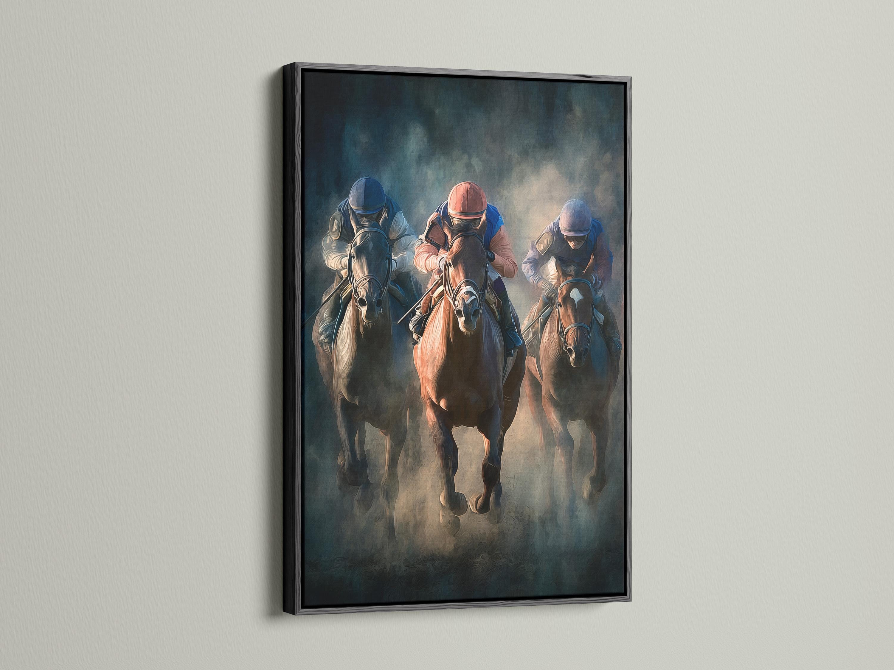 Painterly horse racing scene with jockeys in helmets riding galloping horses detail view