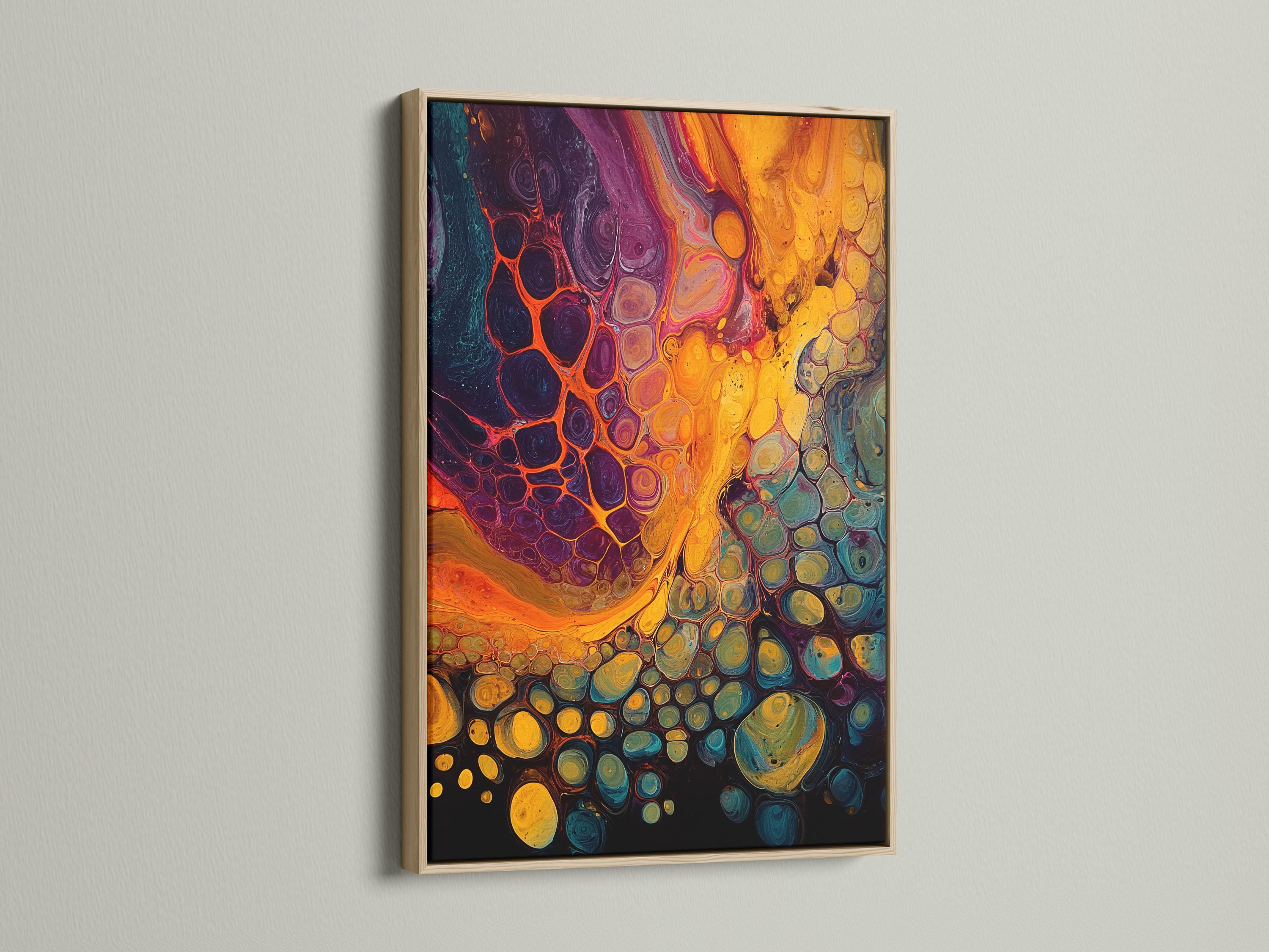 Abstract fluid artwork with gold, purple, teal and orange flowing bubble-like shapes detail view