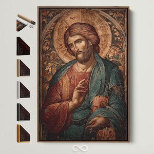 Religious Canvas Art - Jesus Christ Icon, Gold Halo Wall Decor, Antique Style Print, Spiritual Artwork for Home, Church Wall Art