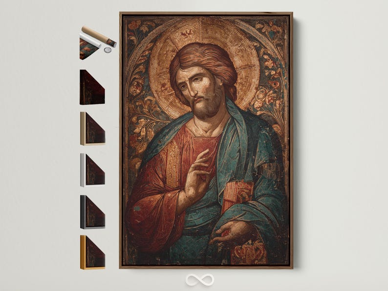 Antique-style religious portrait of Jesus with a gold halo and decorative mosaic texture