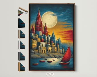 Medieval Castle Art Print - Fantasy Architecture Wall Art, Moonlit Harbor Canvas Print for Office Wall Decor