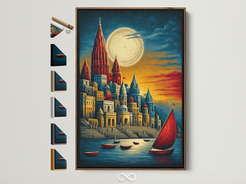 Moonlit harbour cityscape with red spires, boats, and a large pale moon over reflective water