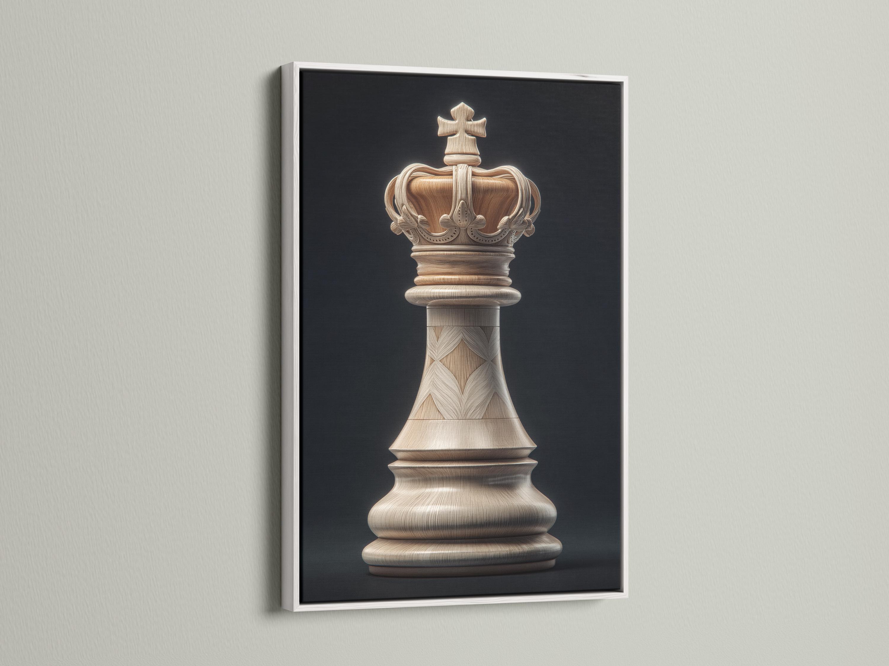 Portrait artwork of a pale wood-textured chess king on a dark charcoal background detail view
