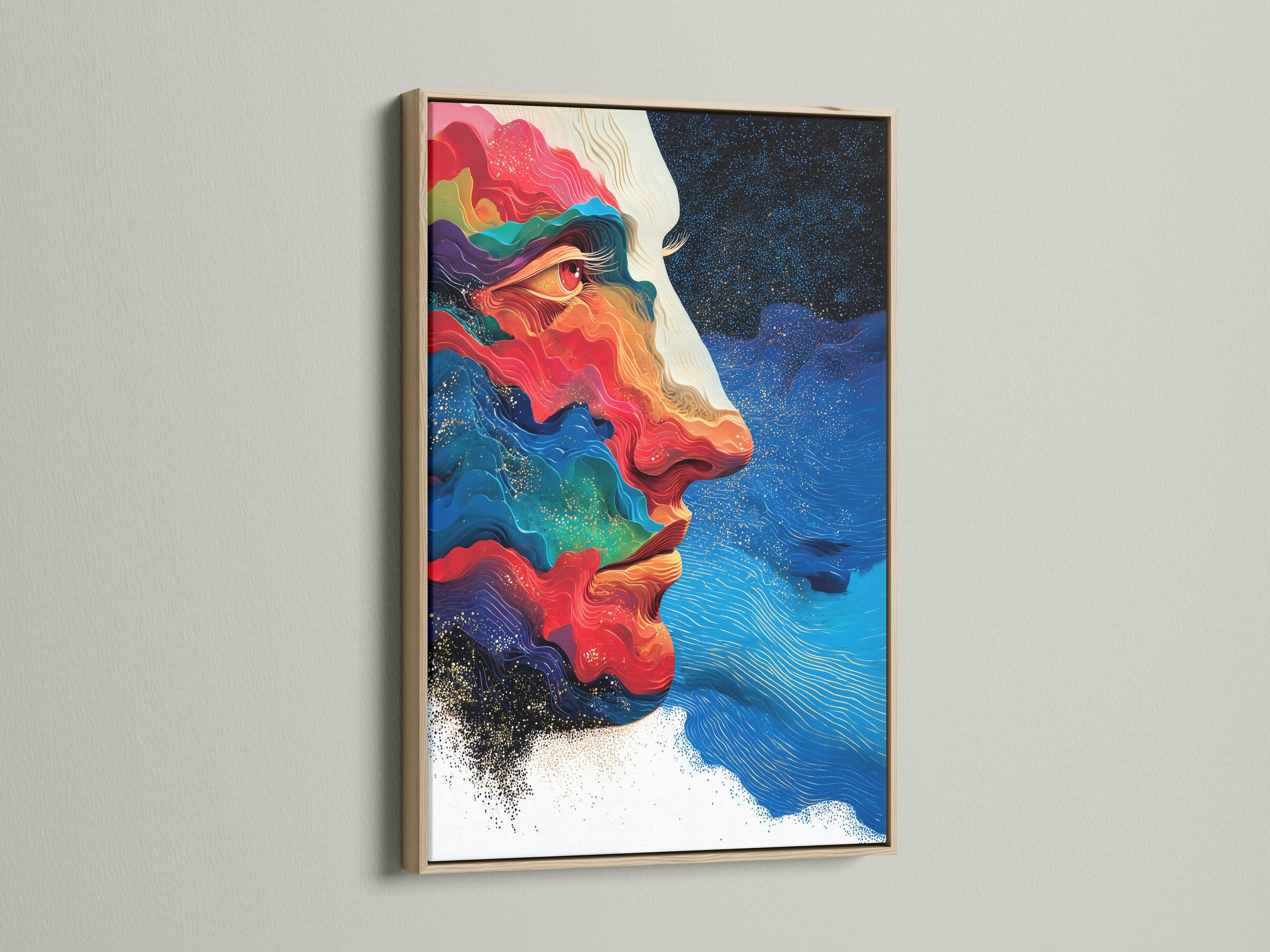 Abstract face in side profile with flowing red, blue and teal shapes and warm gold highlights on a dark starry background detail view