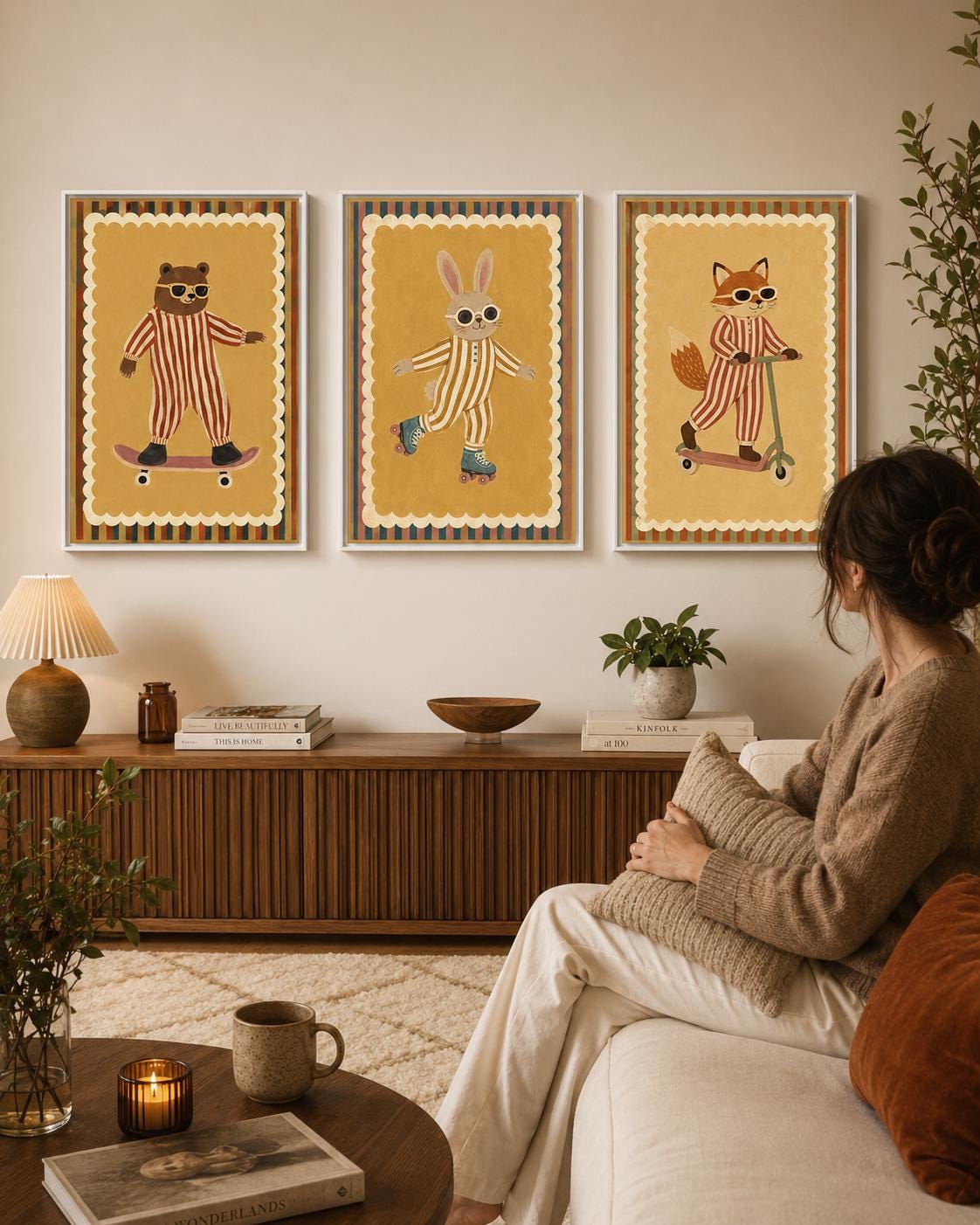 Three illustrated animal characters on skate and scooter wheels in warm mustard tones detail view