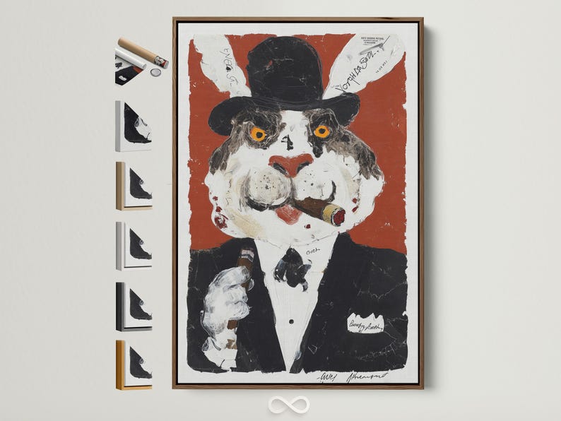 Portrait of a rabbit dressed as a gentleman with a black top hat and bright yellow eyes against a red background