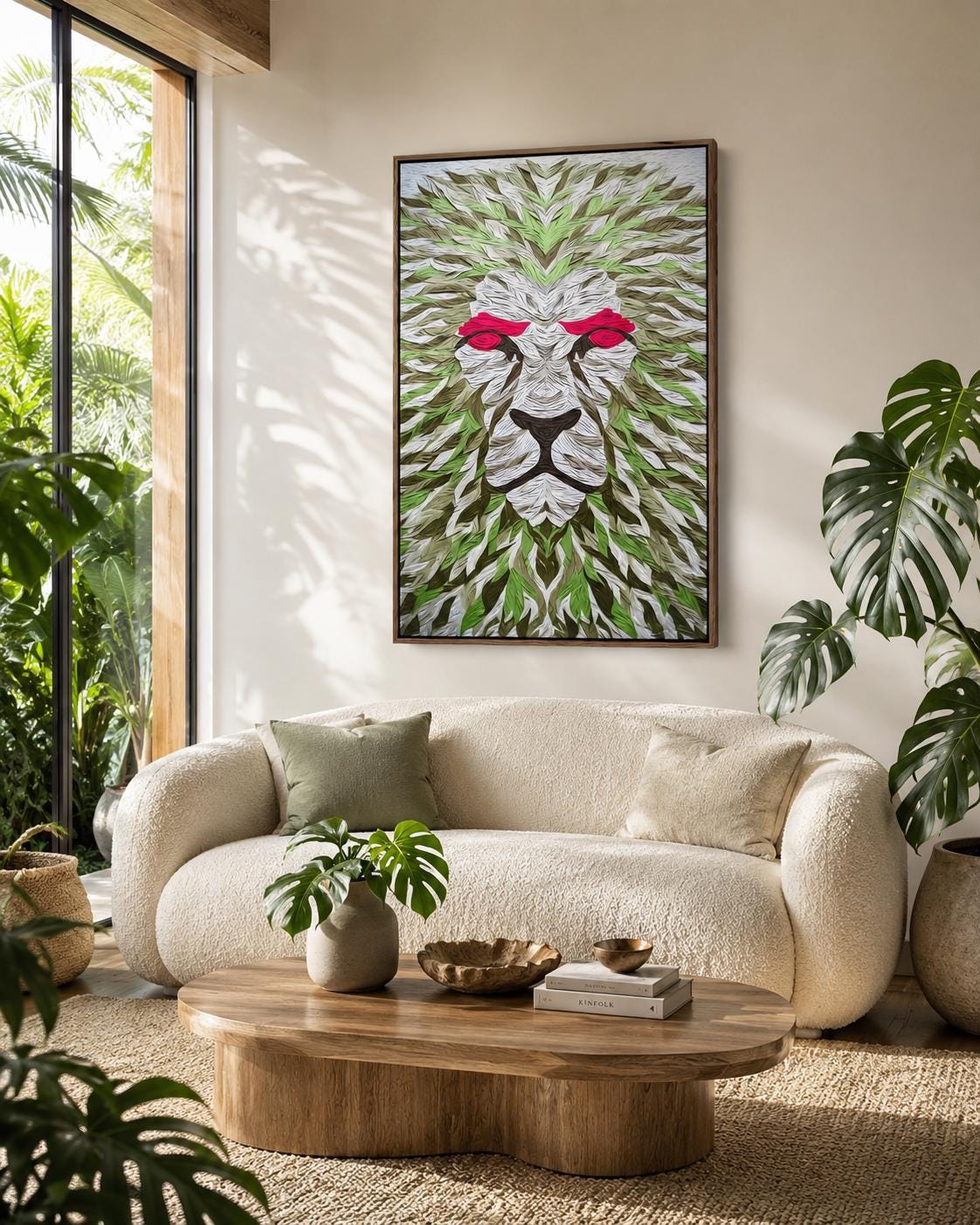 Room mockup showing a large lion artwork with green leaf pattern and red eyes above a bed