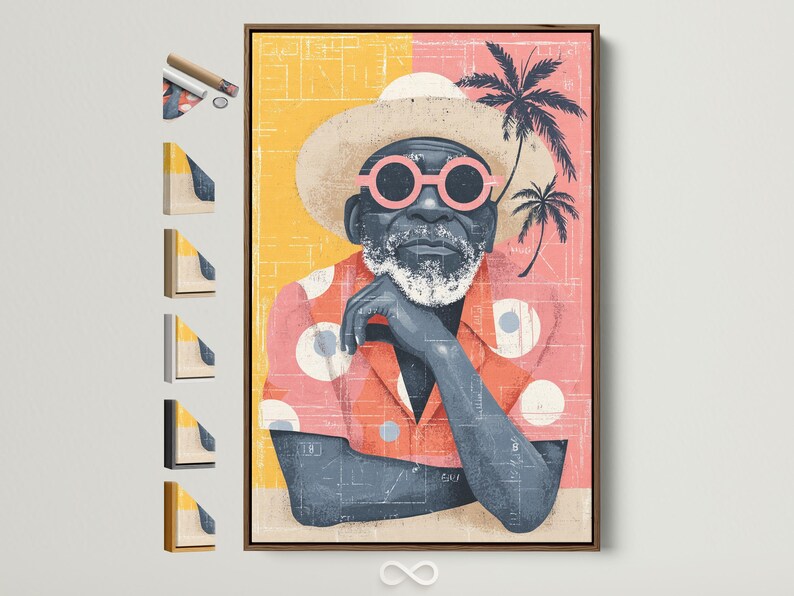 Retro portrait of a bearded man wearing oversized red-framed sunglasses with palm tree silhouettes