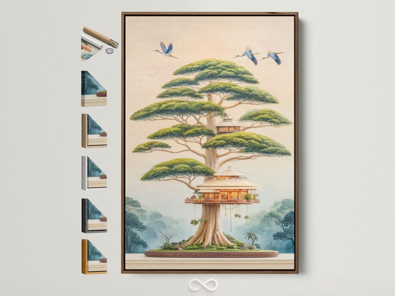 Bonsai-style tree house with blue birds flying over a misty landscape