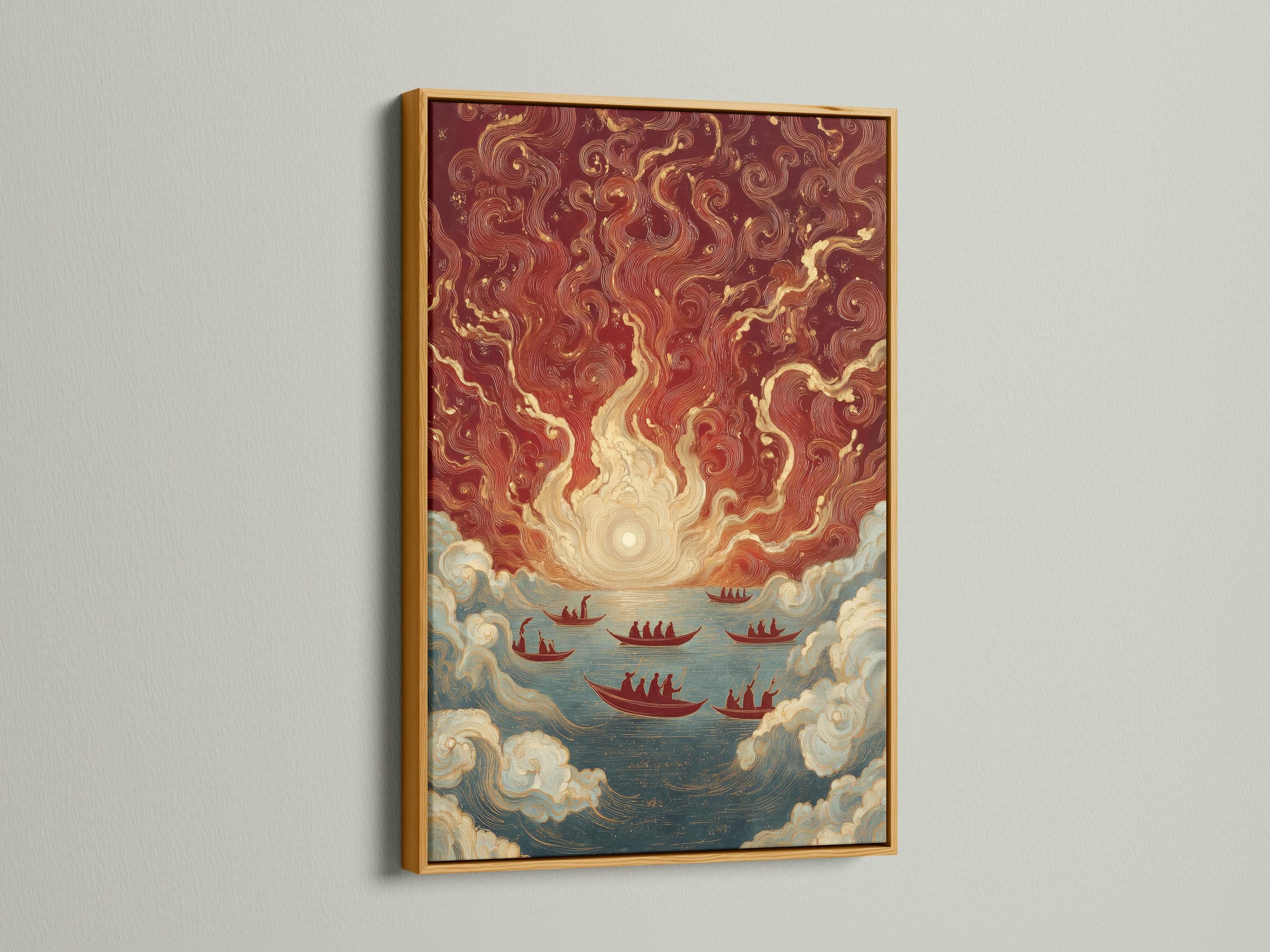 Stylised maritime artwork with a sunrise glow, swirling clouds and several red boats on ocean water detail view