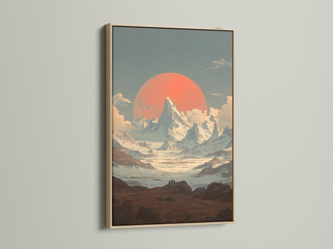 Framed stylised mountain sunset landscape artwork shown in a mock display