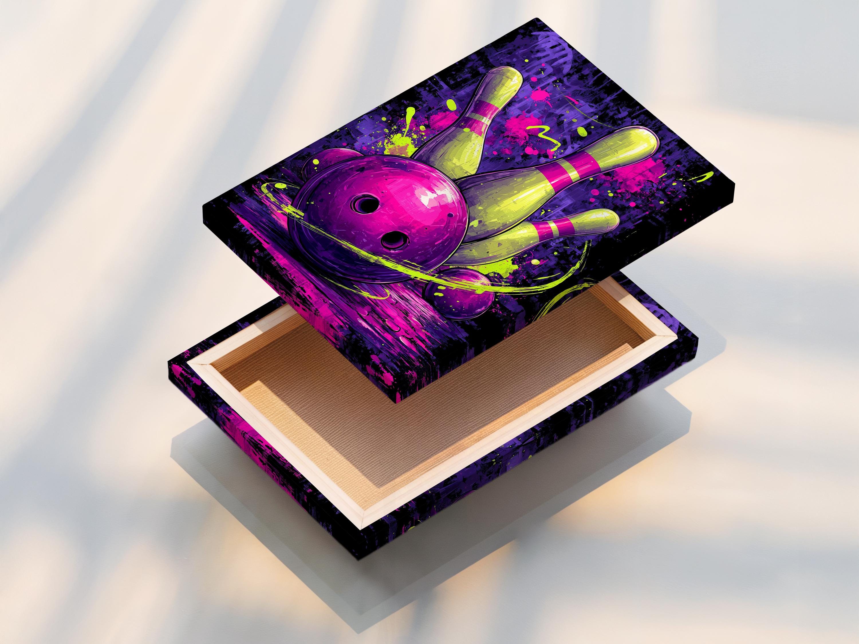 Neon purple and pink bowling pins and ball with yellow-green splatters detail view