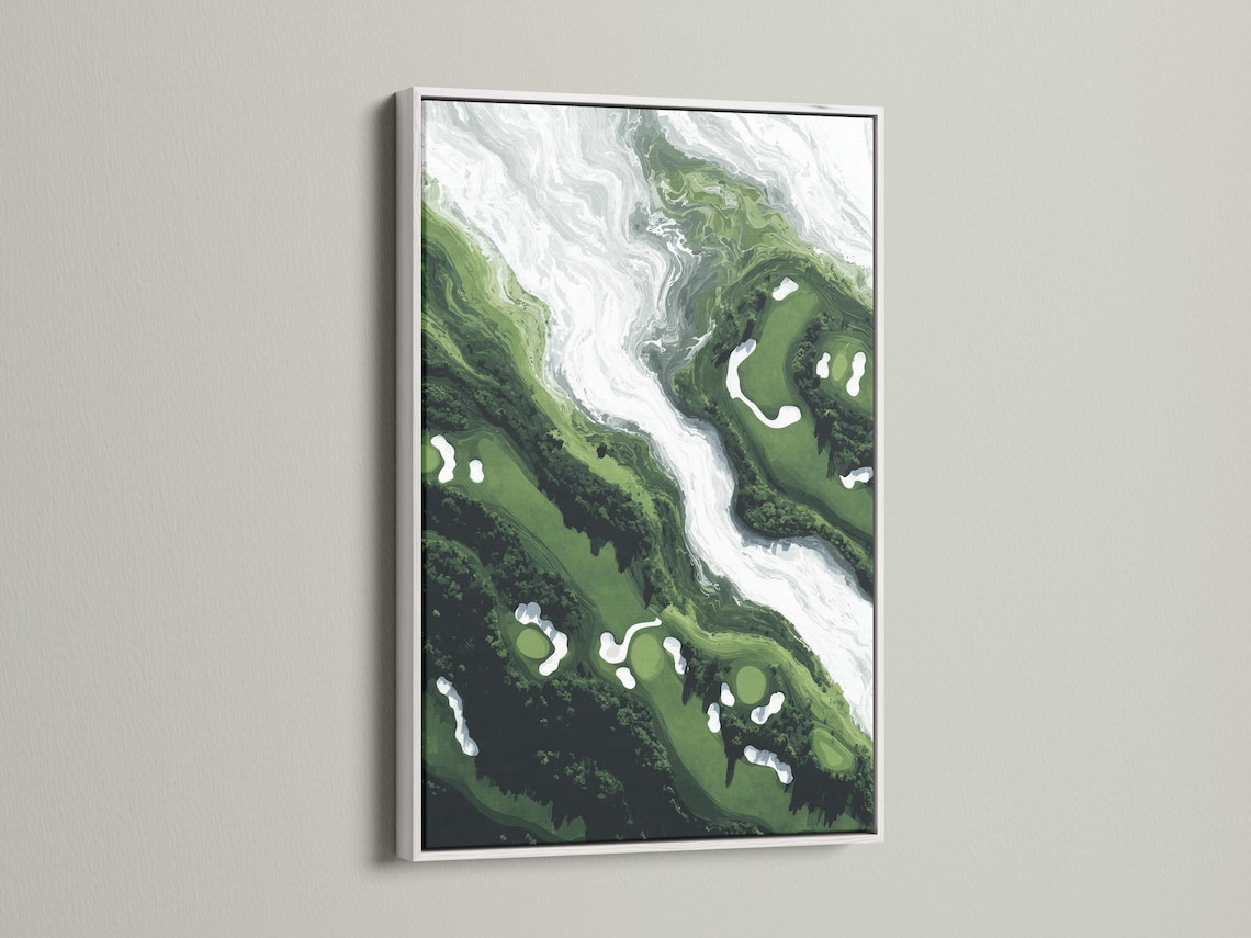 Green and white semi-abstract aerial landscape with a winding pale channel through layered terrain detail view