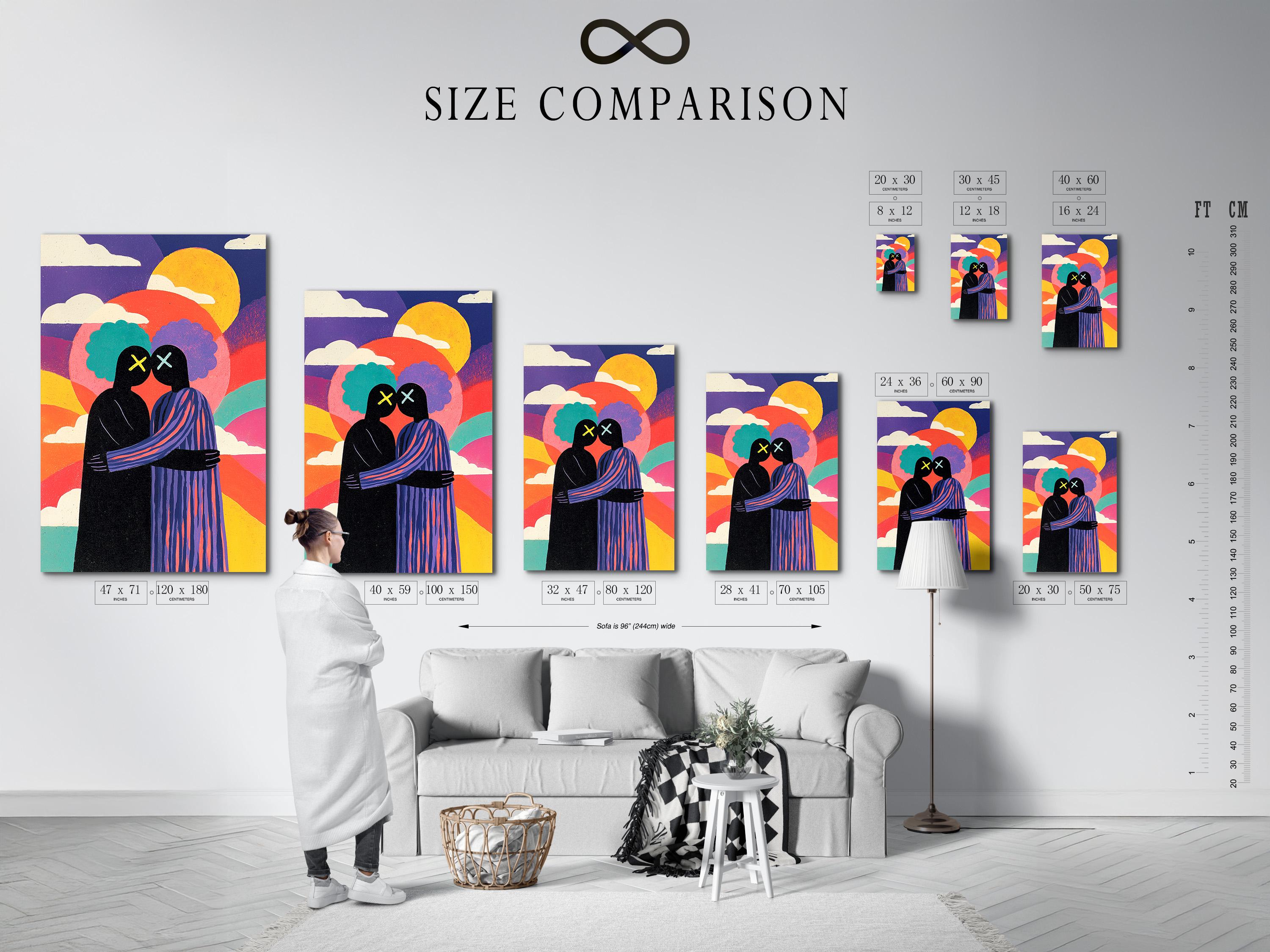 Mockup showing a framed artwork of a colourful sunset couple silhouette on a white wall