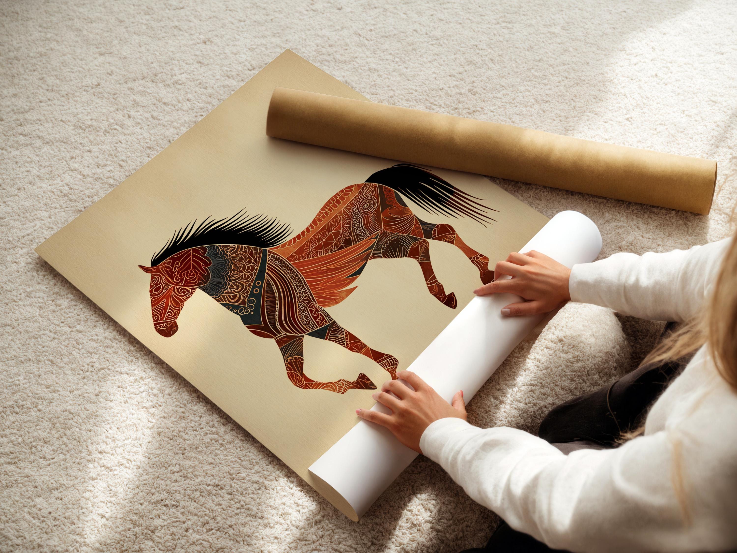 Stylised horse with ornate red-brown patterns, bold black mane and tail on a beige background detail view