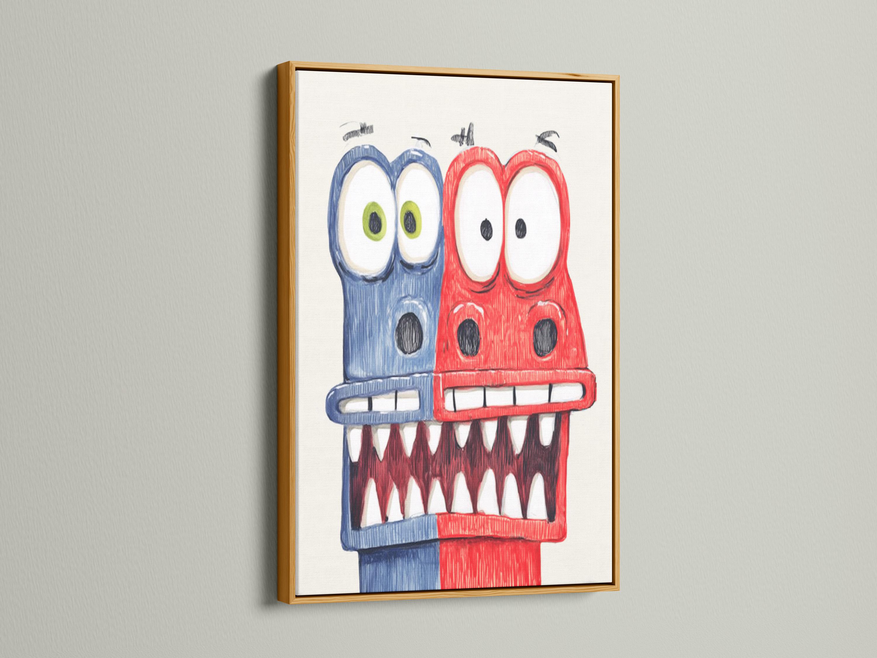 Red and blue cartoon monster with big eyes and a toothy grin on a pale background detail view