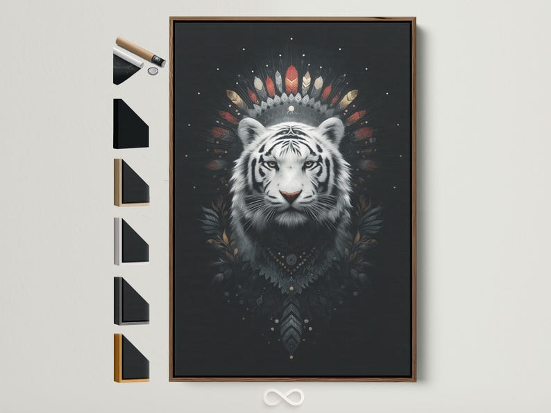 White tiger portrait with feather headdress and gold flecks on a dark background