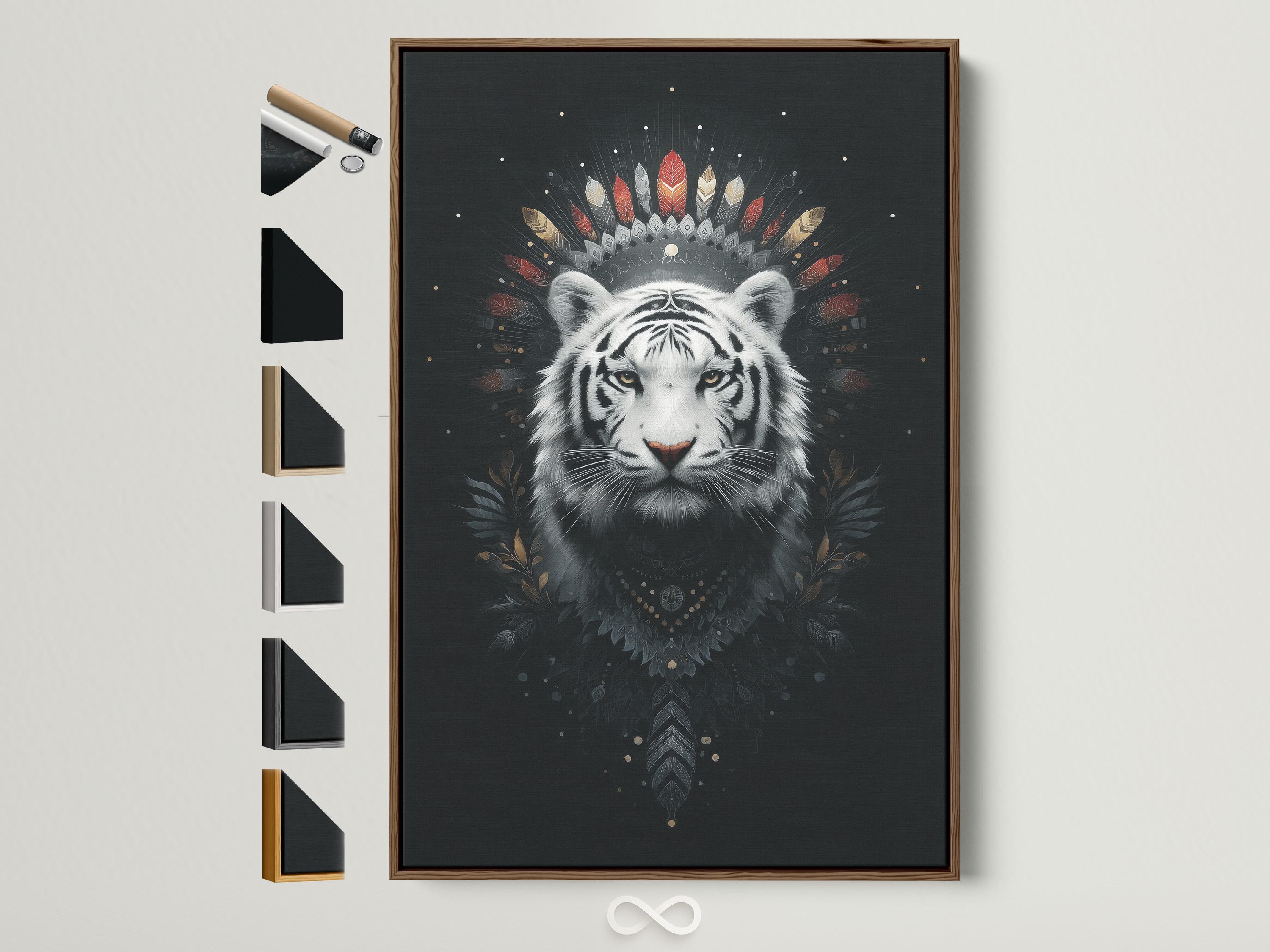 White tiger portrait with feather headdress and gold flecks on a dark background