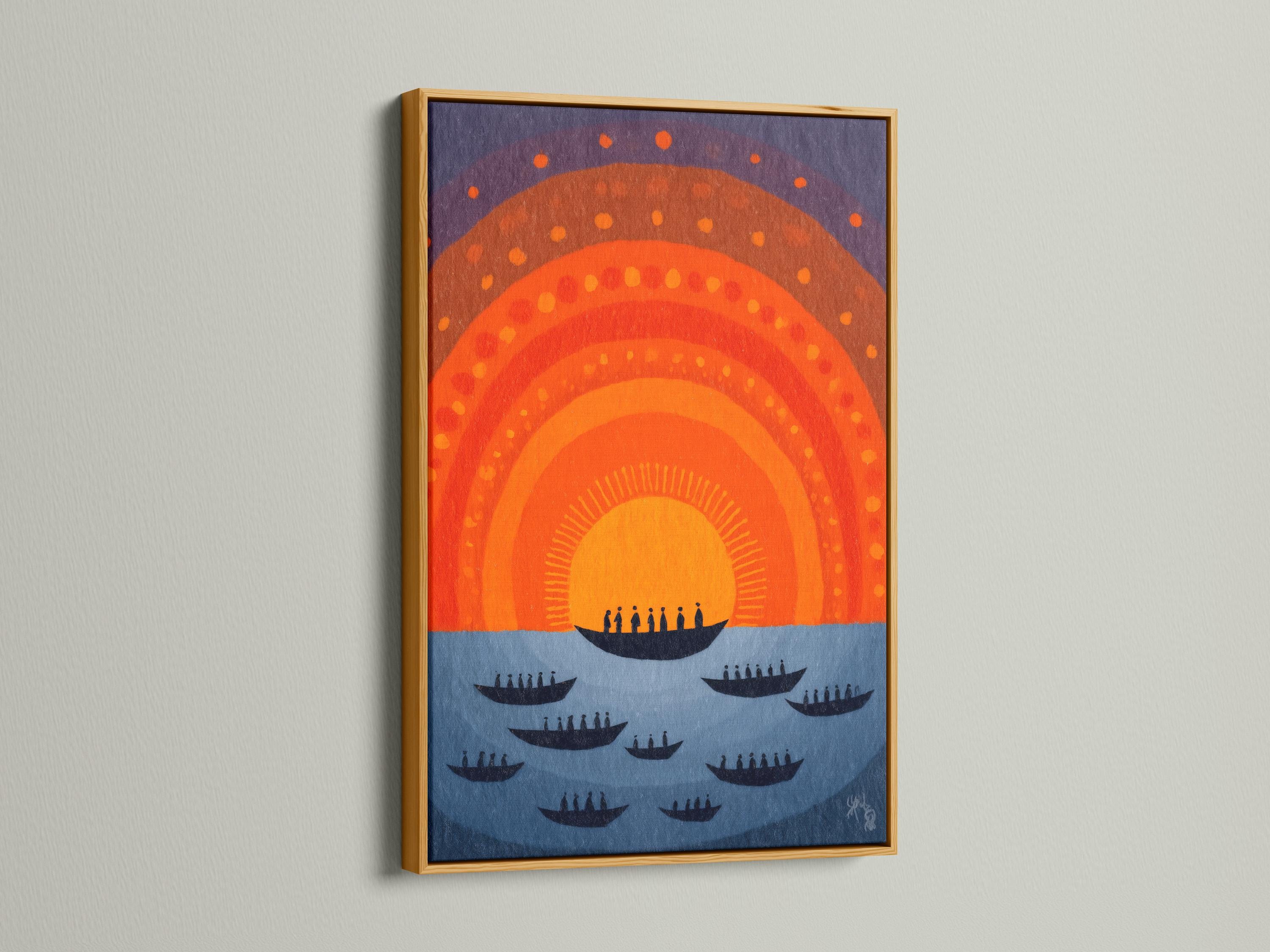 Abstract boats and sunset arcs in orange and navy with a purple dotted sky detail view