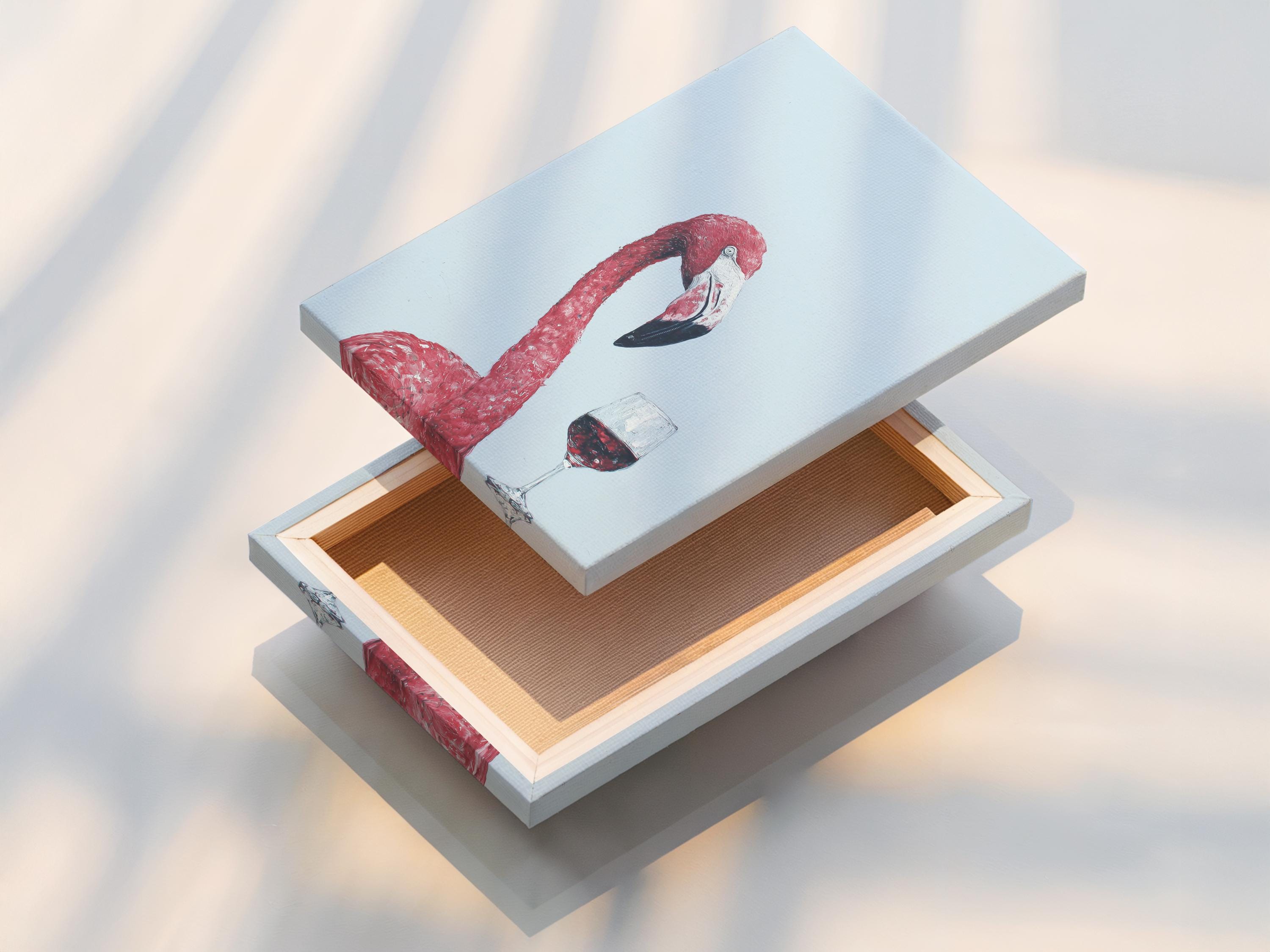 A pink flamingo is painted against a pale blue background, balancing a glass of red wine, with painterly speckled texture and soft contrast detail