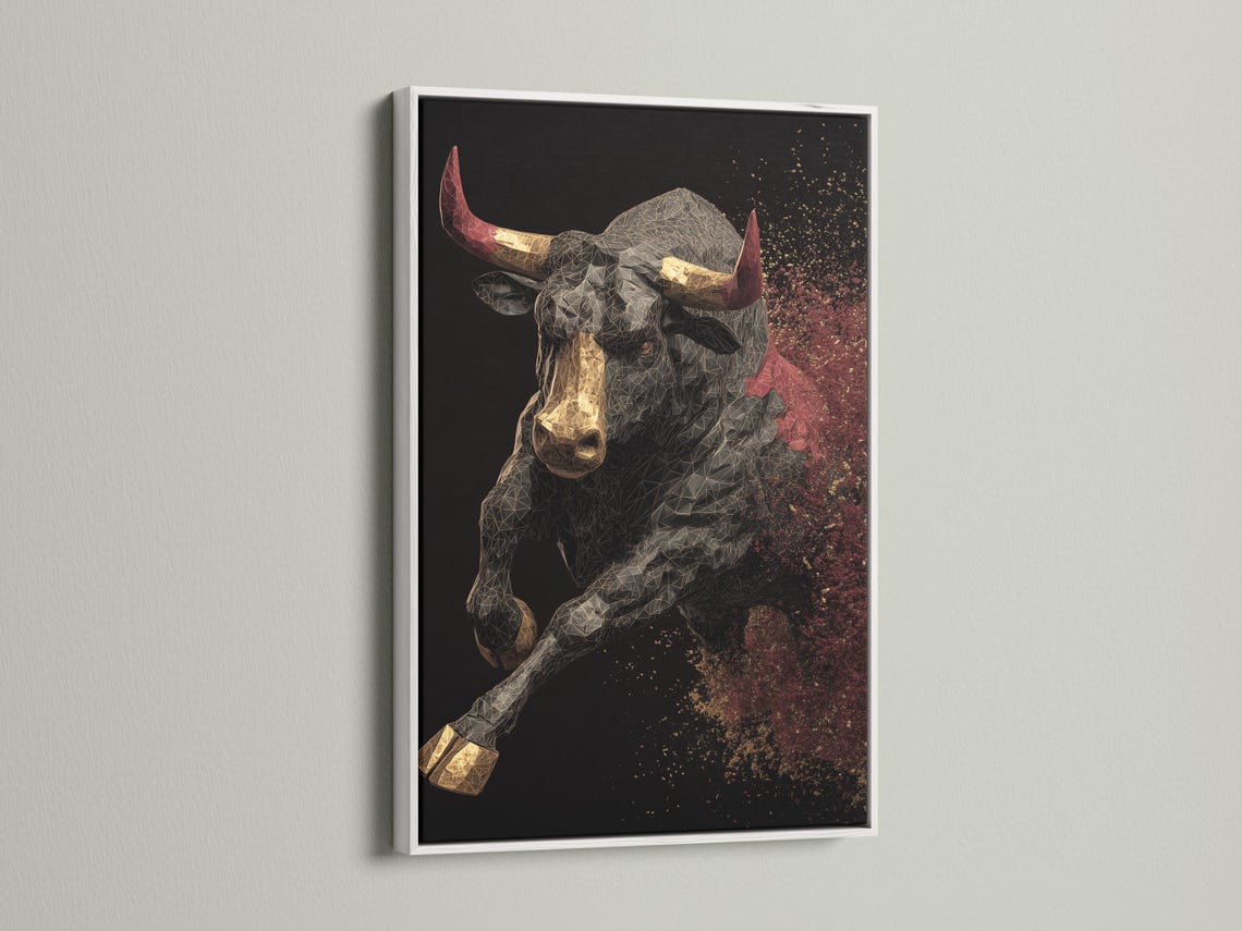 A geometric bull portrait in gold, black and grey sits against a dark background, with red horn accents and a sparkling speckled sky on the right