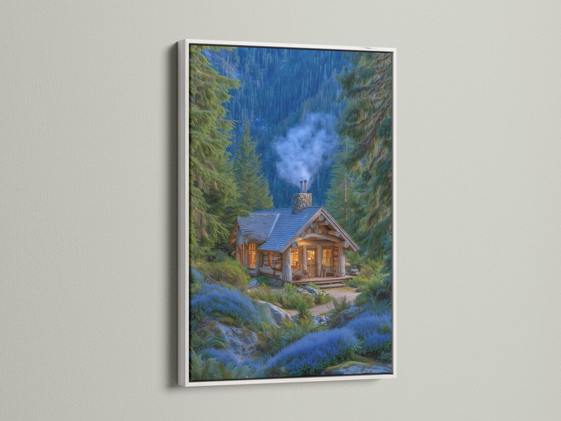 Forest cabin scene with evergreen trees, blue mist, and warm glowing windows detail view