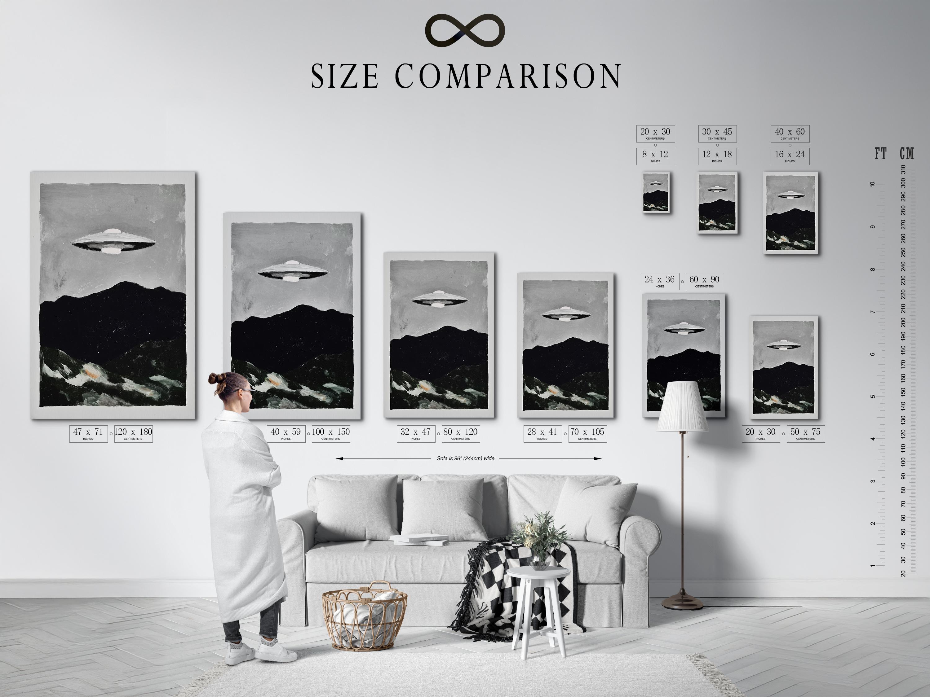 Monochrome painting of a UFO hovering above a dark mountain landscape detail view