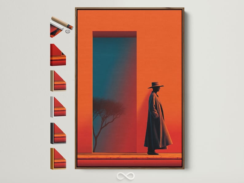 A western cowboy silhouette in a dark hat and long coat stands against a vivid orange sky, with a blue interior panel and desert-like ground below