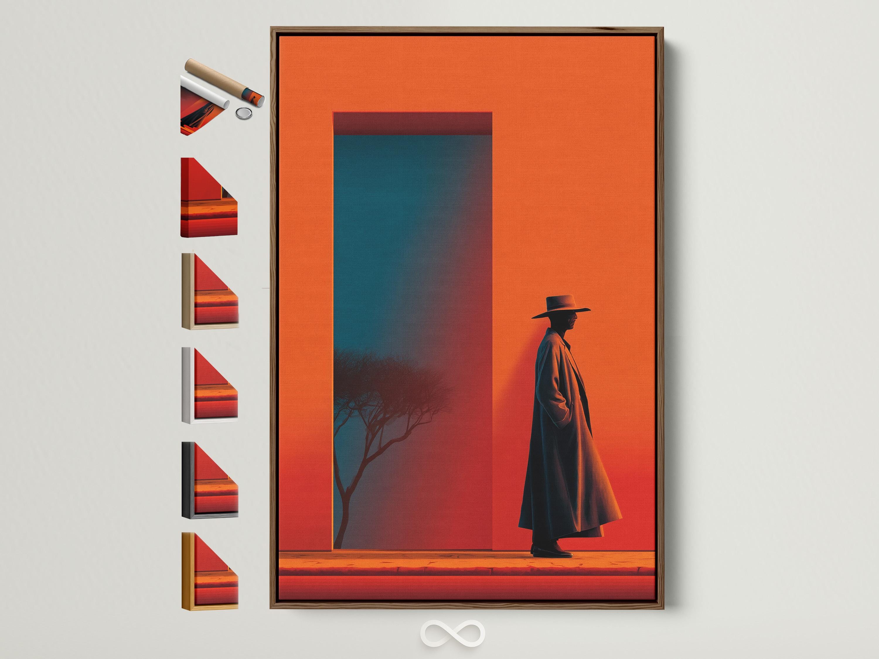 A western cowboy silhouette in a dark hat and long coat stands against a vivid orange sky, with a blue interior panel and desert-like ground below