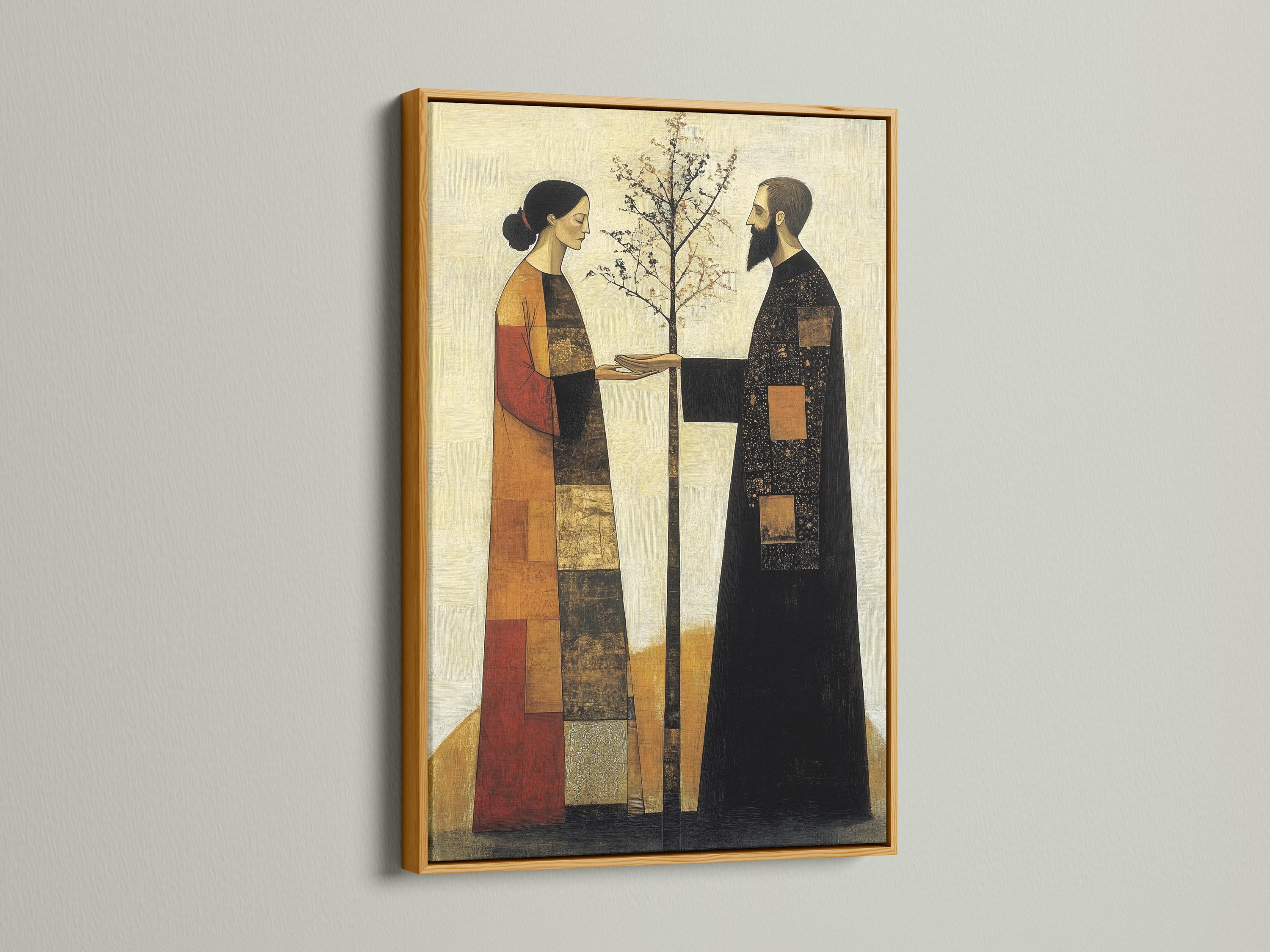 A framed artwork mockup showing a folk-art couple facing each other with a tree at the centre on a pale background