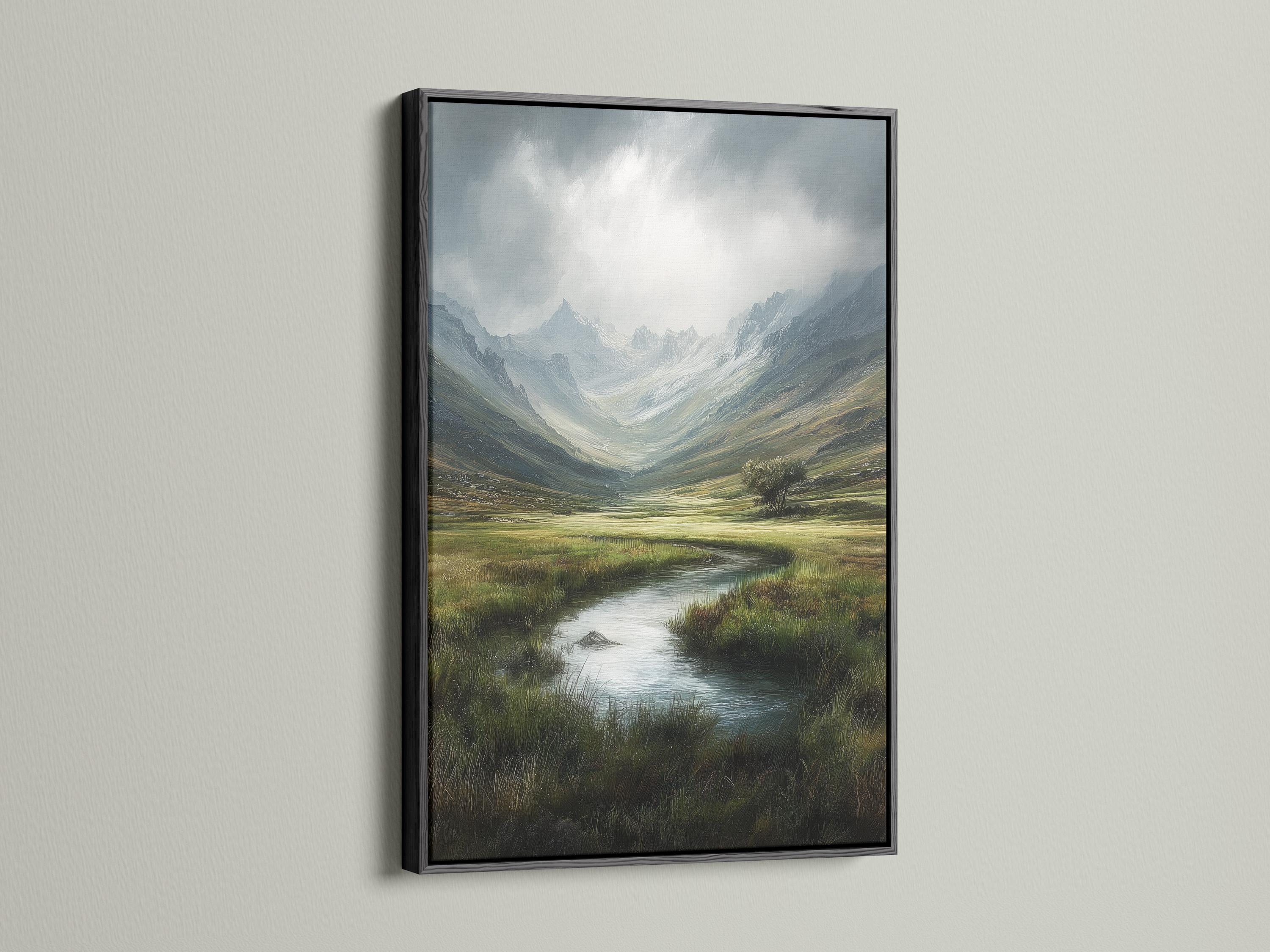 Room mockup showing framed mountain valley landscape artwork