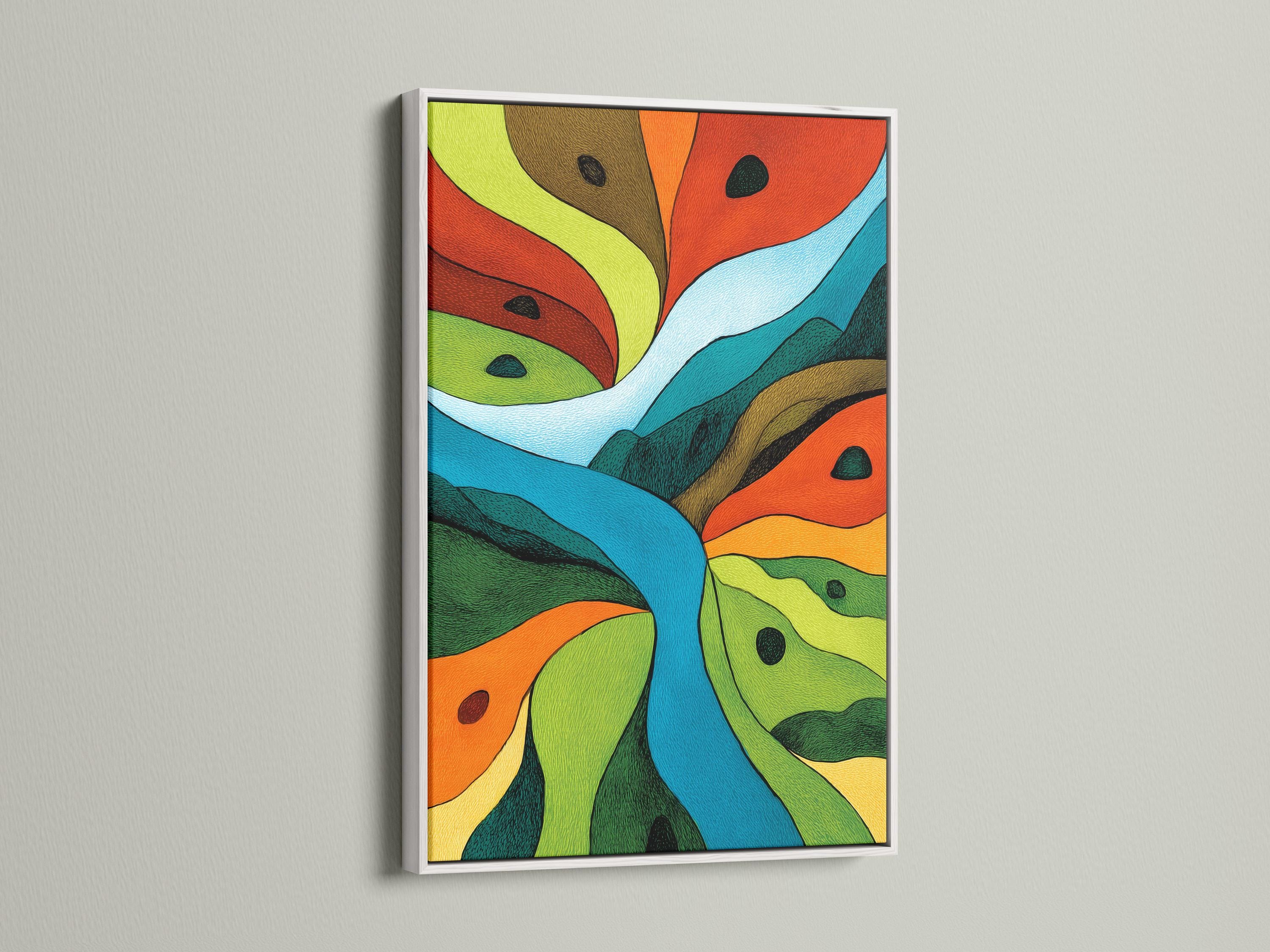 Abstract landscape artwork with sweeping green, orange and blue geometric curves detail view